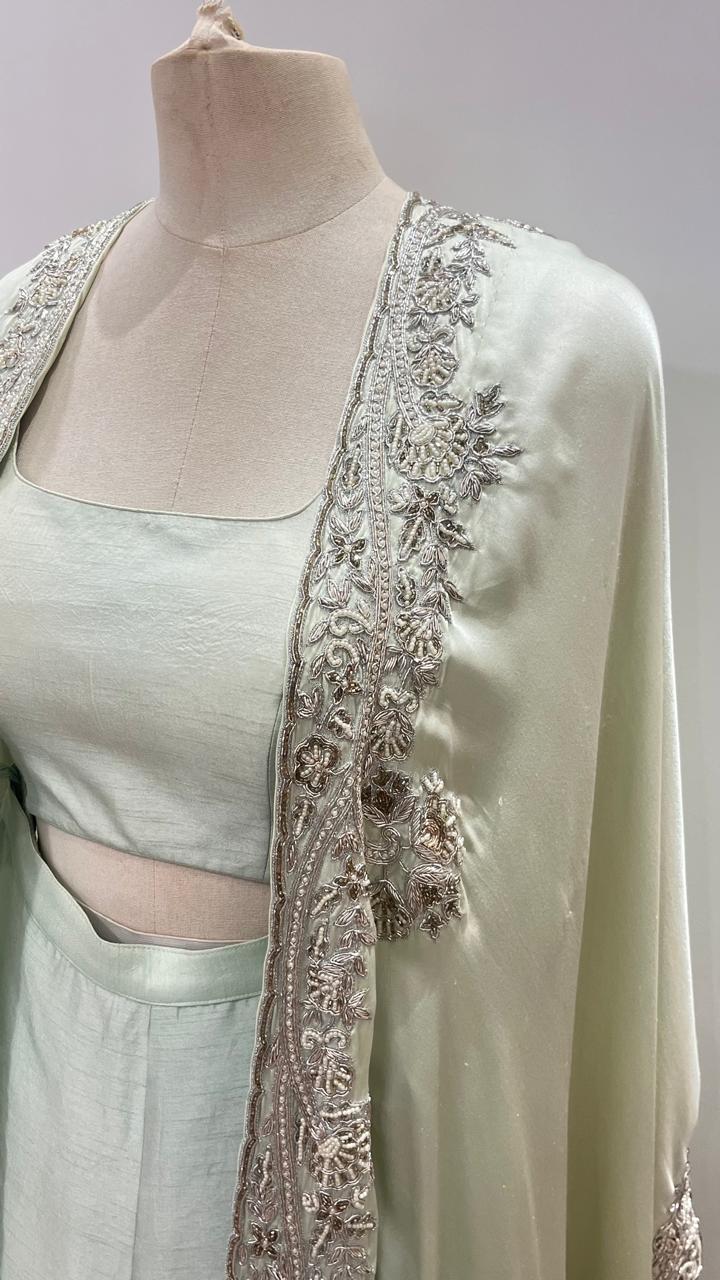 PASTEL PISTA GREEN CAPE WITH PANT AND BLOUSE