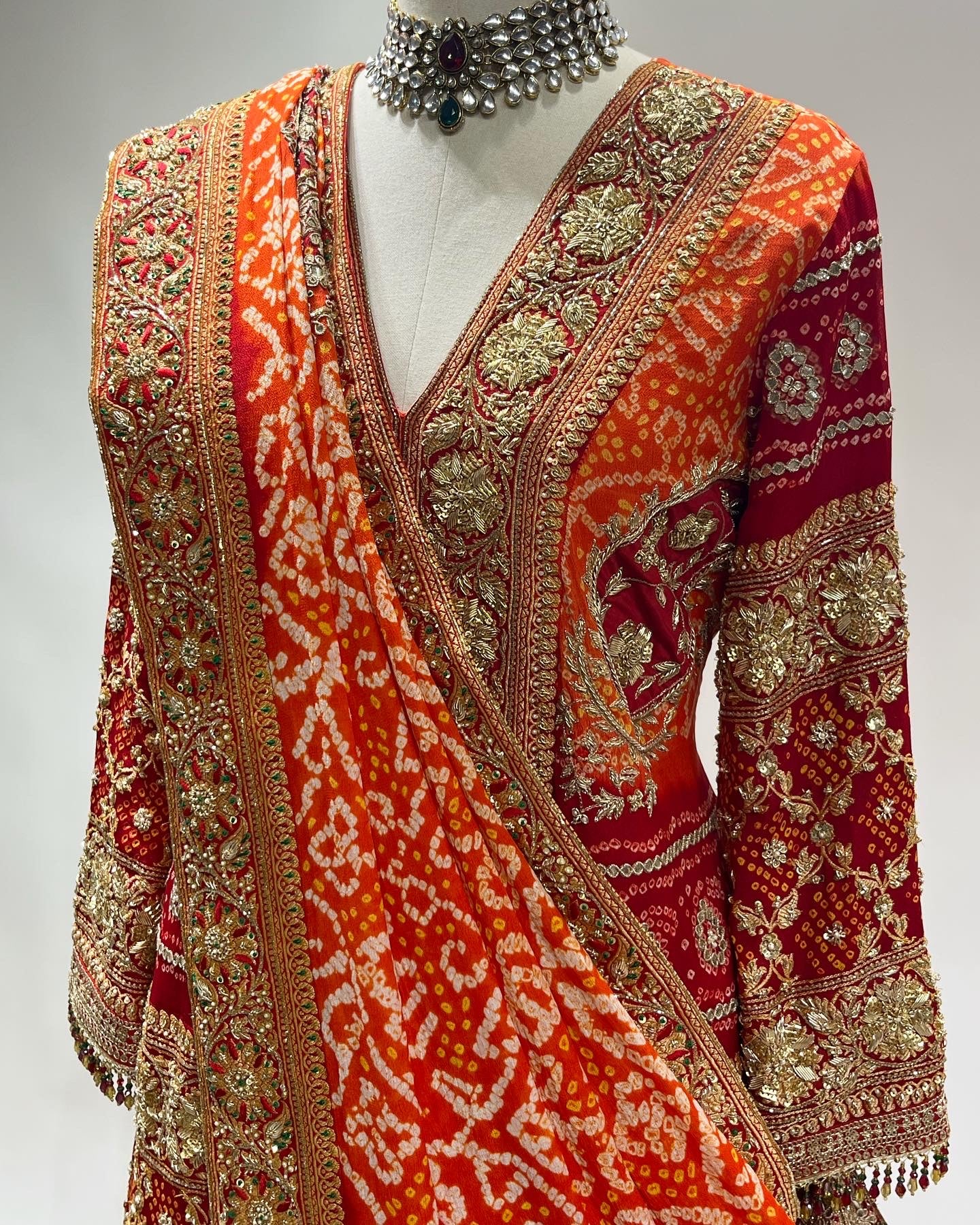 RED BANDHEJ ON BANDHEJ SHARARA SET IN ZARDOSI & RESHAM WORK EMBROIDERY