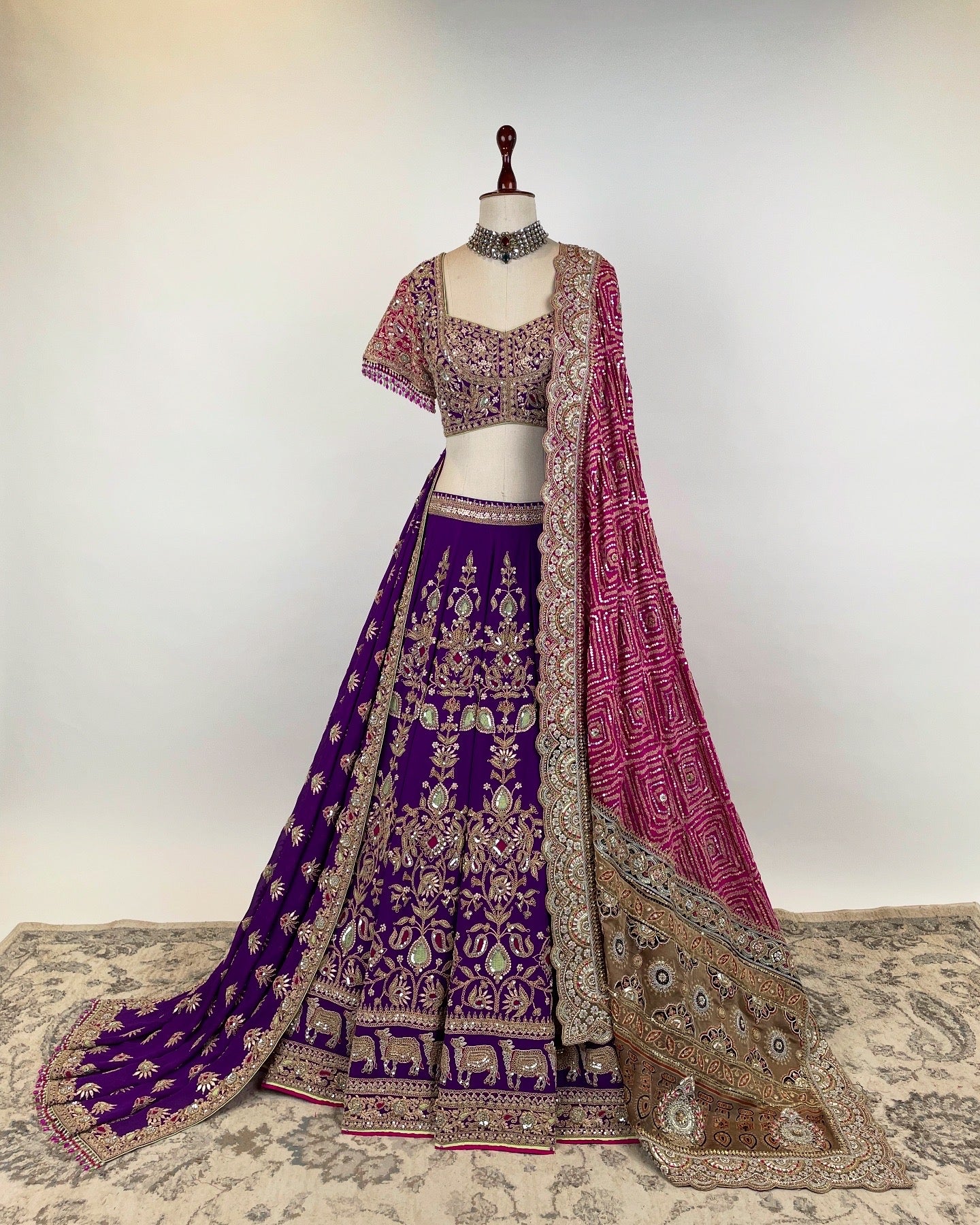 PURPLE LEHENGA WITH MARODI AND DORI WORK PAIRED WITH DOUBLE DUPATTAS