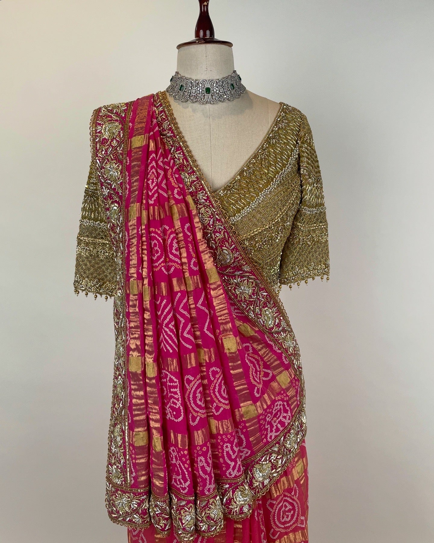 PURE GOLD ZARI FUCHSIA GHARCHOLA SAREE WITH EMBELLISHED GOLDEN BLOUSE