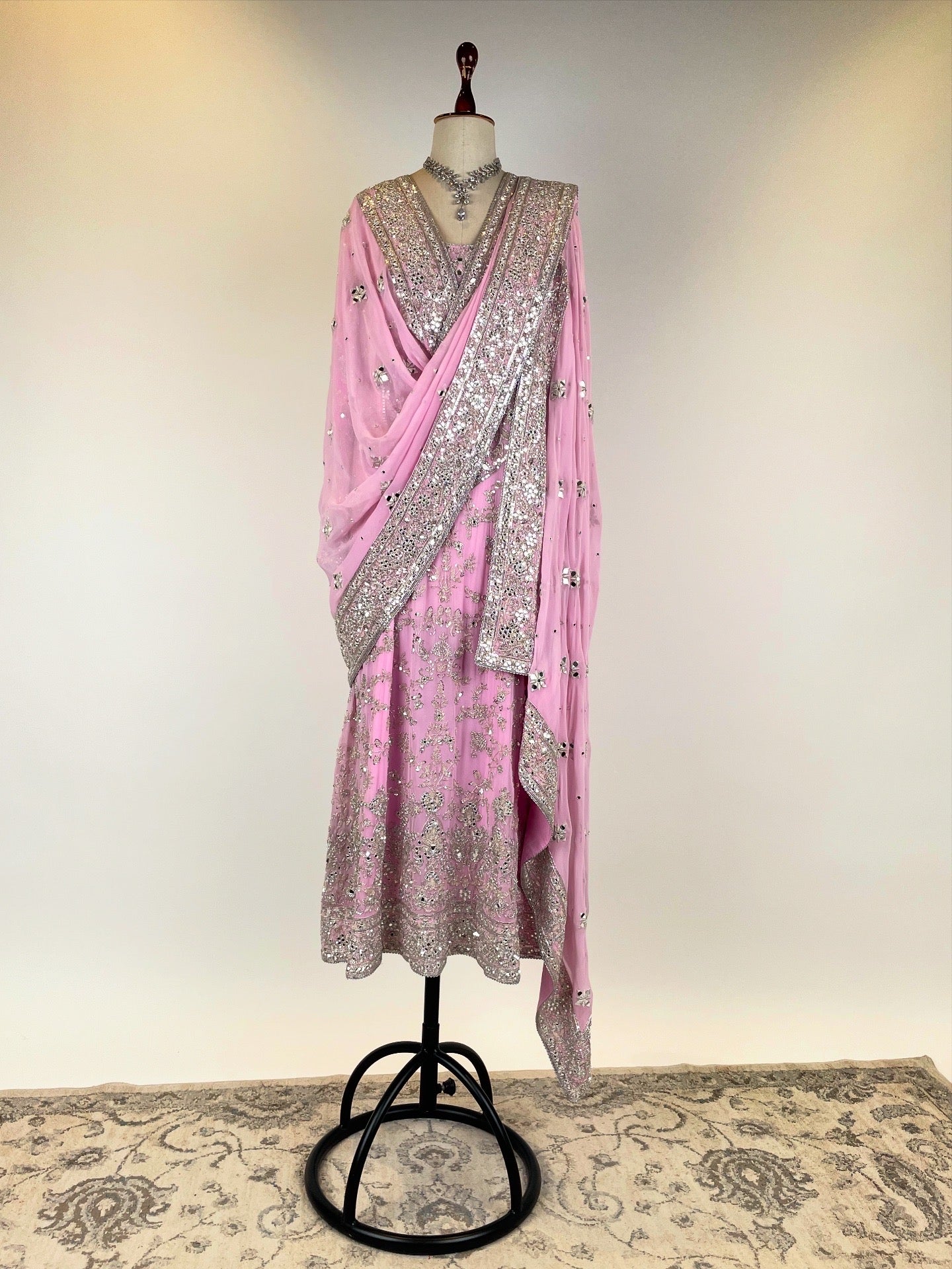 ROSE PINK FINE AABLA AND ZARDOSI EMBROIDERED A-LINE LONG KURTA ENSEMBLE