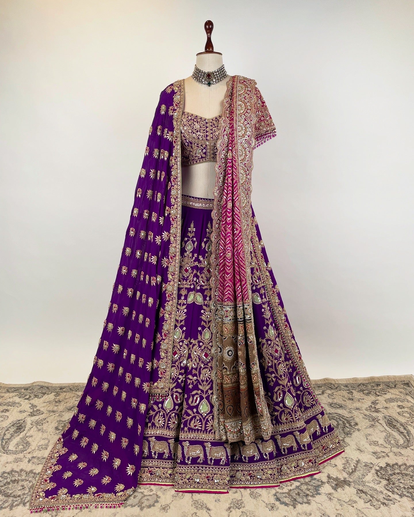 PURPLE LEHENGA WITH MARODI AND DORI WORK PAIRED WITH DOUBLE DUPATTAS