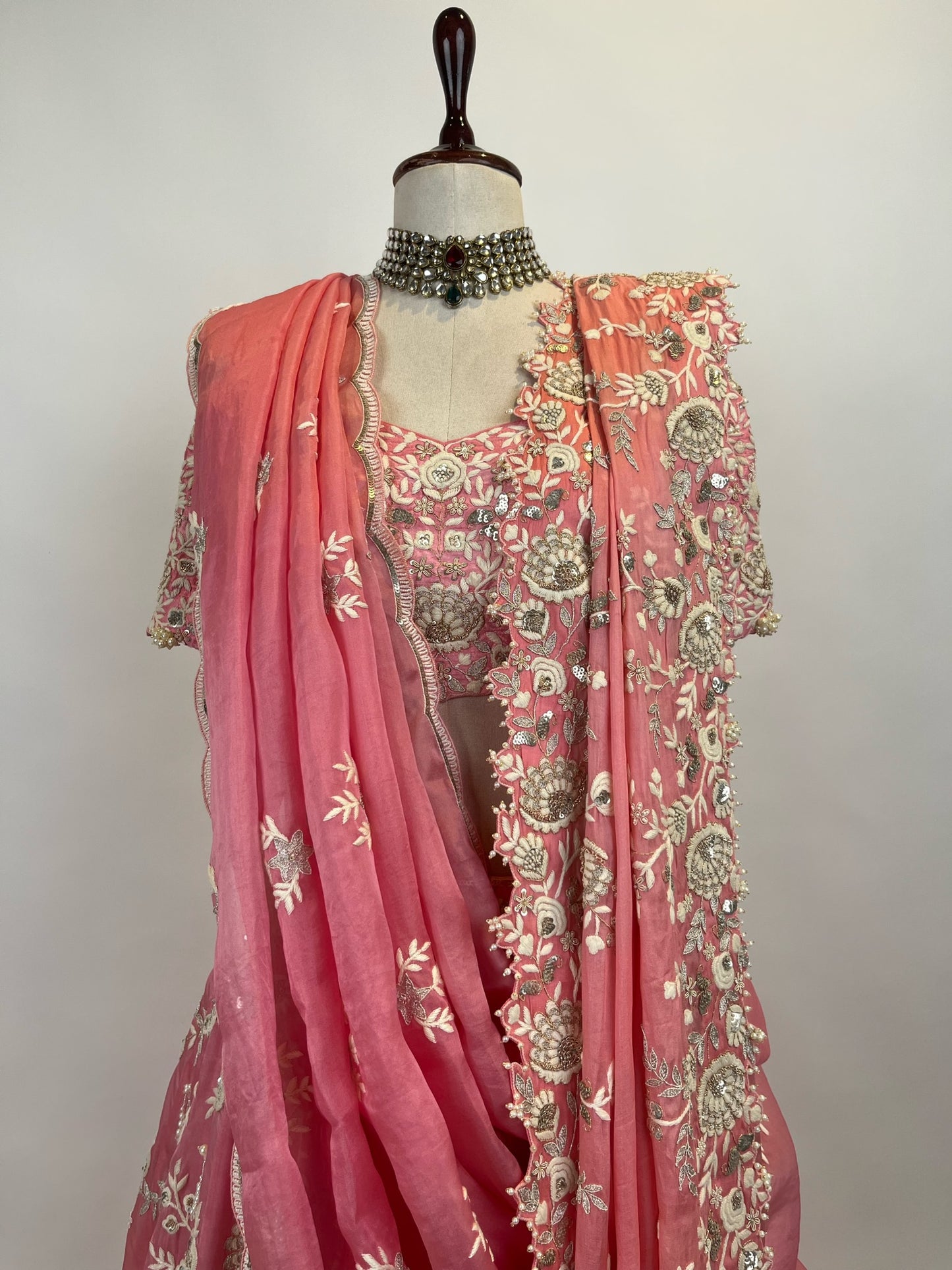 PINK LEHENGA WITH WHITE RESHAM WORK AND 2 DUPATTAS