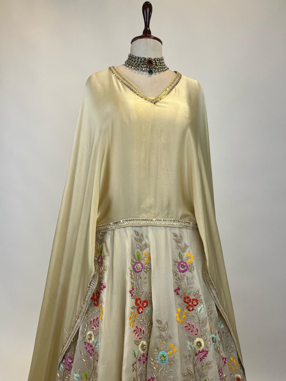 BEIGE CAPE TOP WITH FLORAL RESHAM-MARODI EMBROIDERED LEHENGA