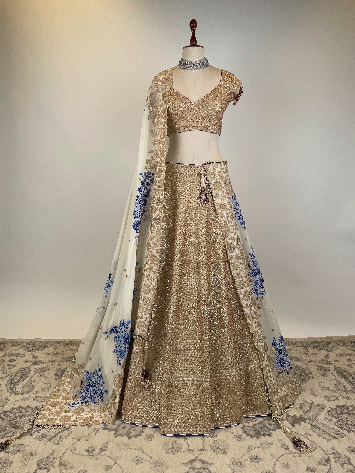 WHITE GOLD MARODI WORK LEHENGA WITH EKTAR RESHAM WORK EMBROIDERED DUPATTA