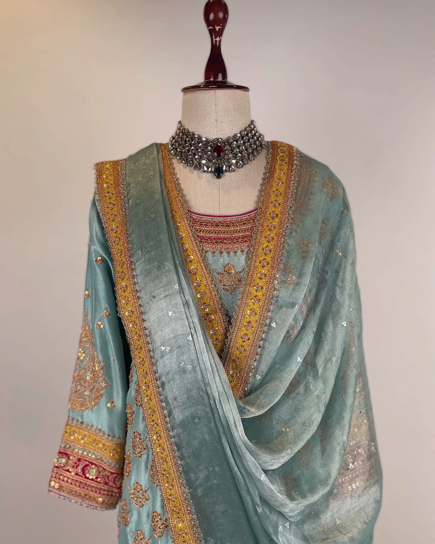 BLUE SHORT KURTA & SALWAR SET IN DO- TAAR BRASS MARODI WORK AND TISSUE DUPATTA WITH HAND WOVEN AARI SEQUIN