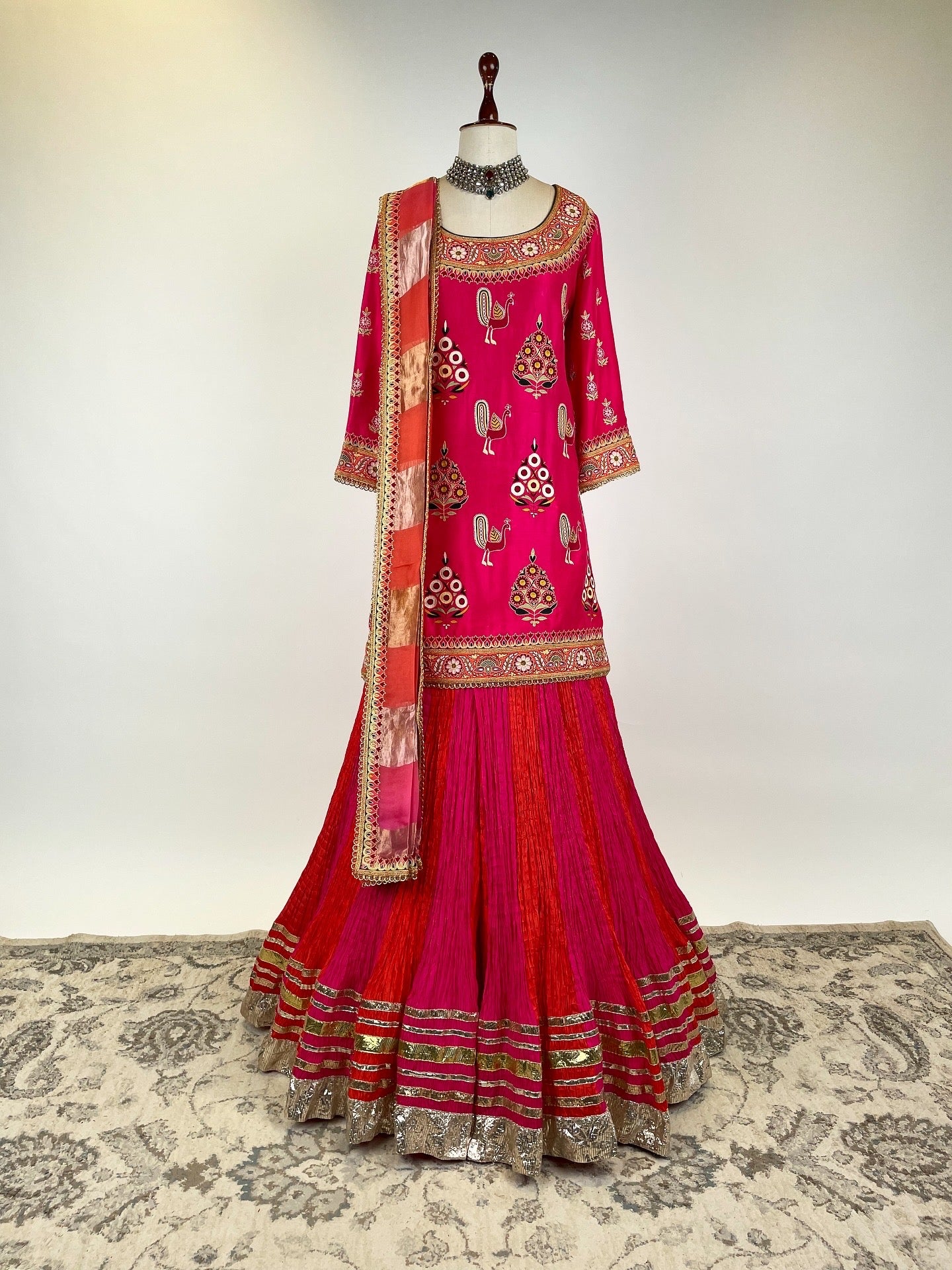 SHOCKING PINK AND ORANGE KURTA ENSEMBLE WITH EK - TAAR MOCHI WORK AND SILK CRUSHED SHARARA