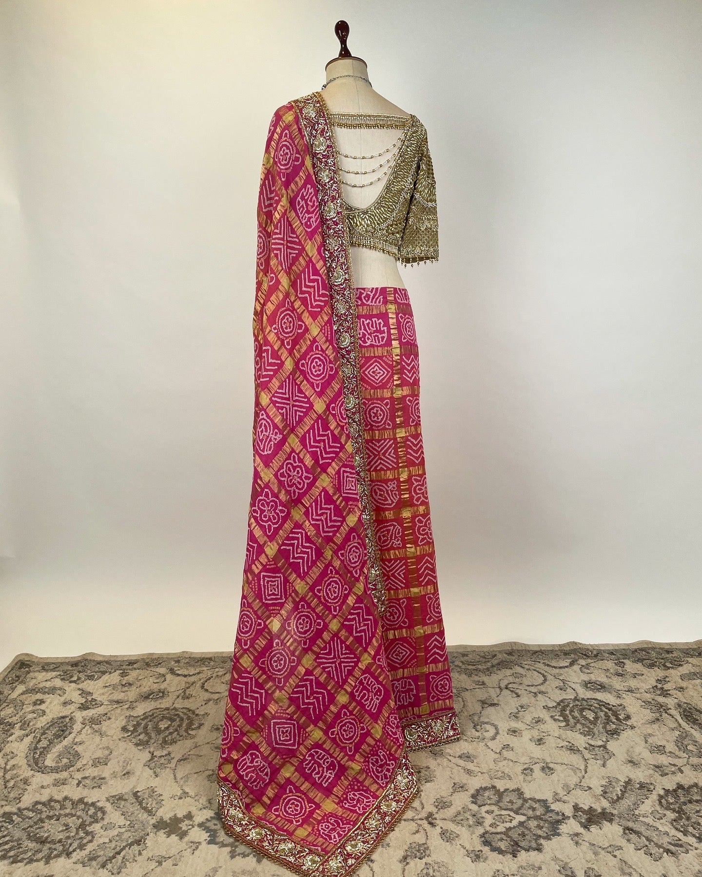 PURE GOLD ZARI FUCHSIA GHARCHOLA SAREE WITH EMBELLISHED GOLDEN BLOUSE