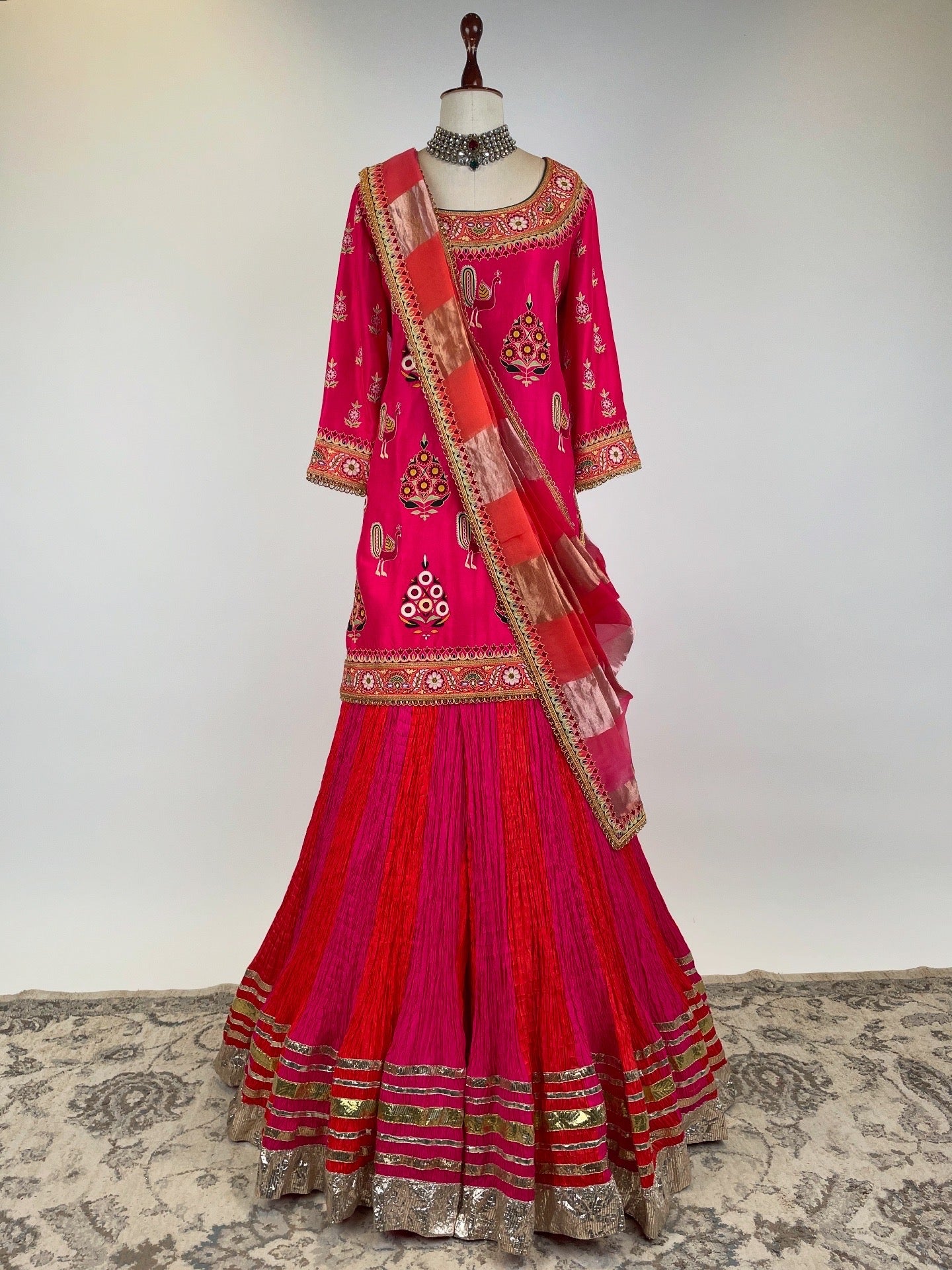 SHOCKING PINK AND ORANGE KURTA ENSEMBLE WITH EK - TAAR MOCHI WORK AND SILK CRUSHED SHARARA