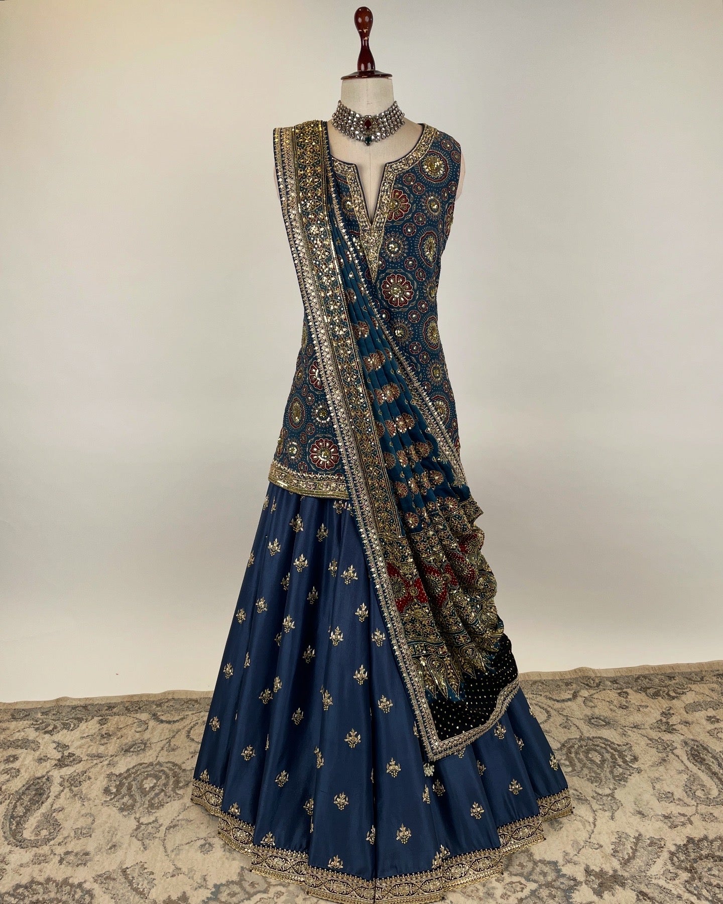 BLUE AJRAKH SHARARA ENSEMBLE IN ZARDOSI, SEQUIN & ZARI WORK
