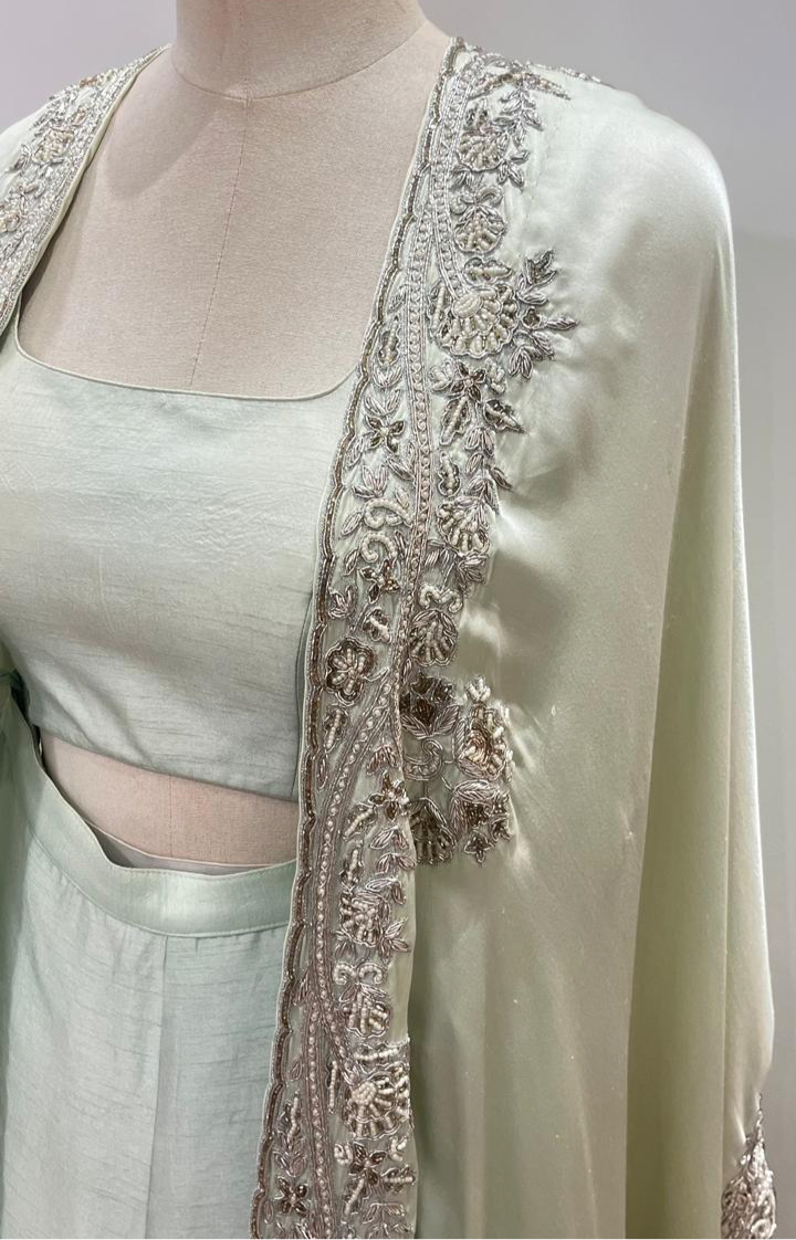 PASTEL PISTA GREEN CAPE WITH PANT AND BLOUSE
