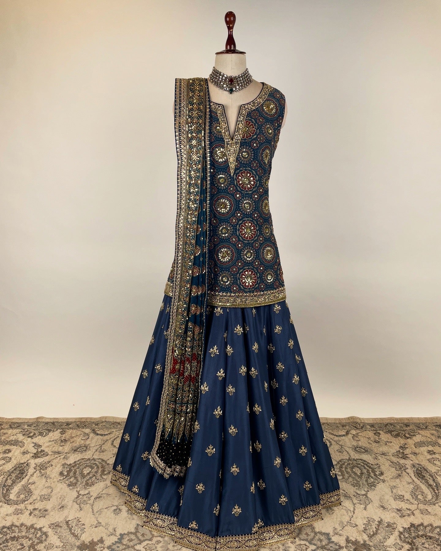 BLUE AJRAKH SHARARA ENSEMBLE IN ZARDOSI, SEQUIN & ZARI WORK