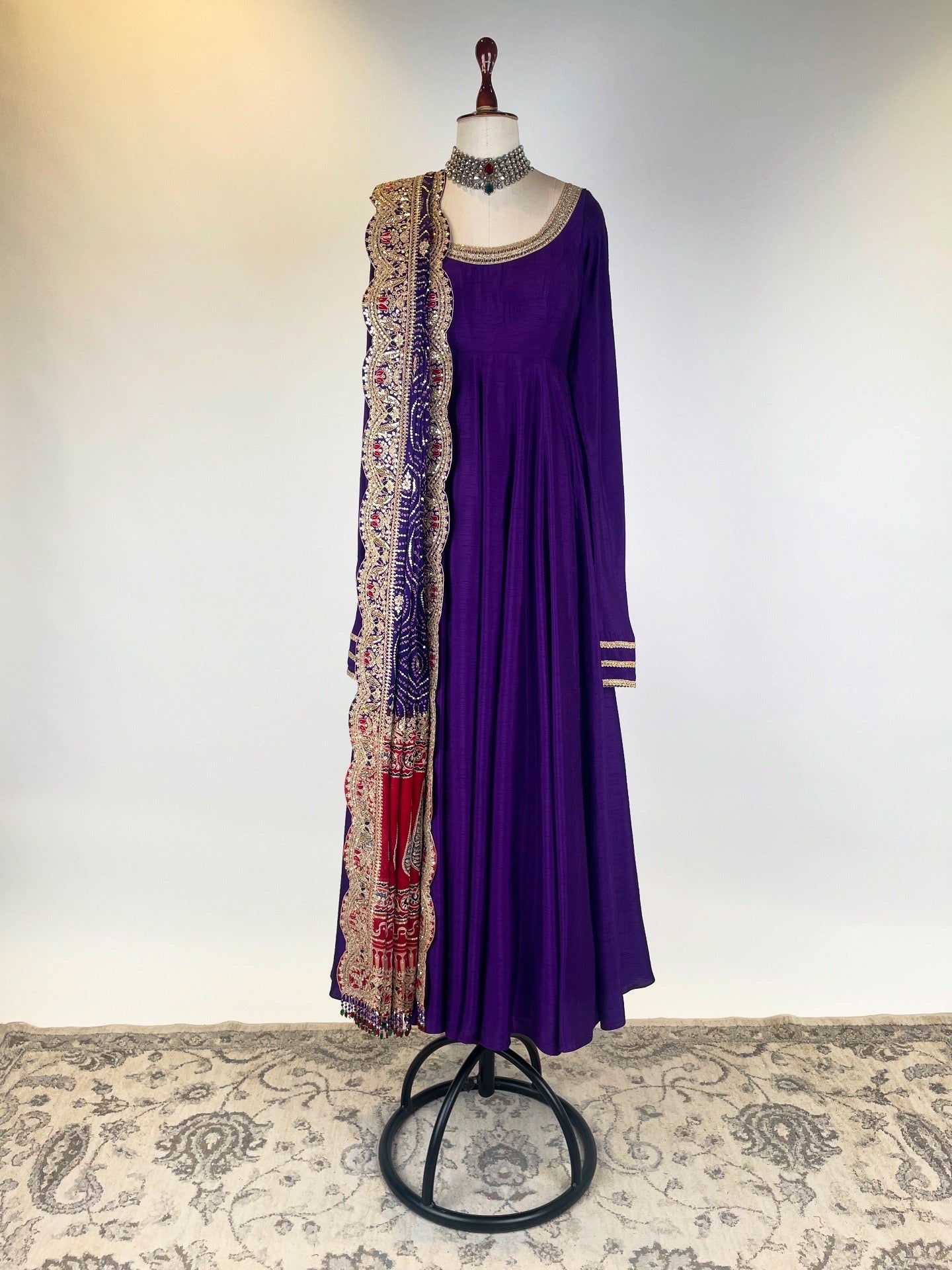 PURPLE ANARKALI-CHUDIDAR SET BANDHANI-AJRAKH MARODI WORK DUPATTA