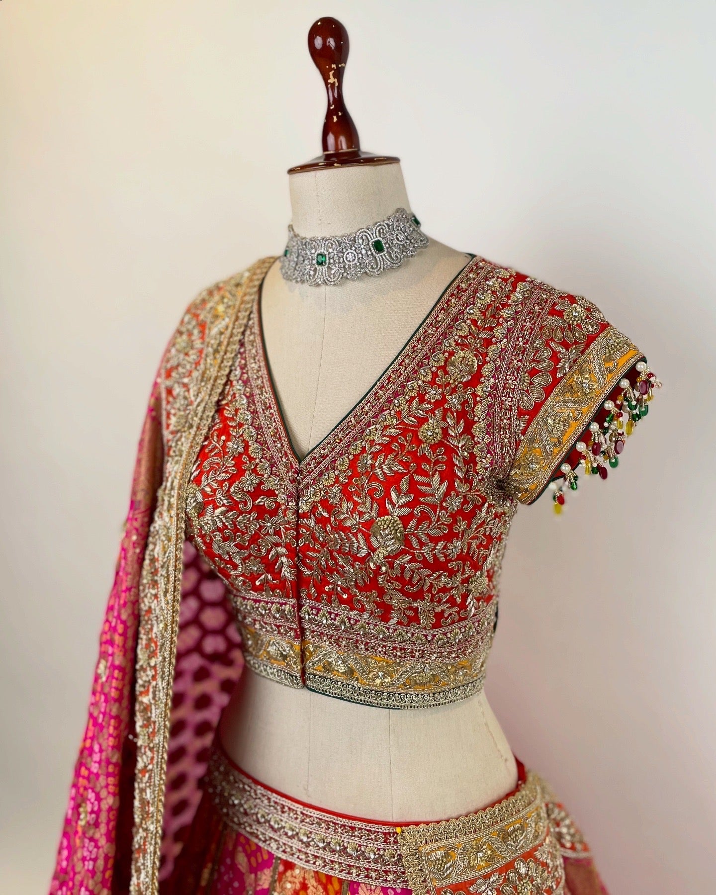 Pink Orange Rai Bandhej Benarasi Embroidered Lehenga with Radha Krishna Themed Dupatta