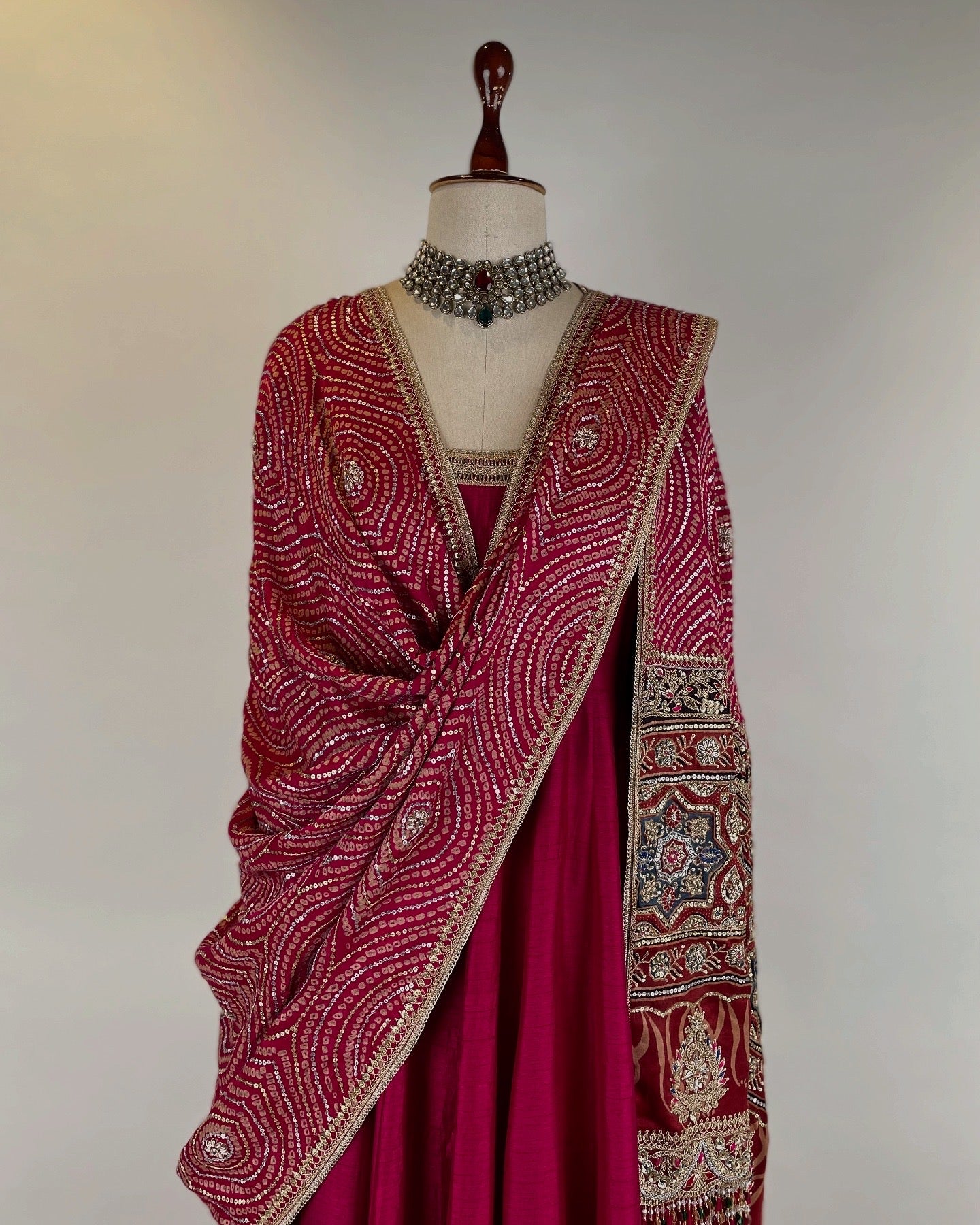 PINK ANARKALI WITH BANDHANI-AJRAKH EMBROIDERED DUPATTA