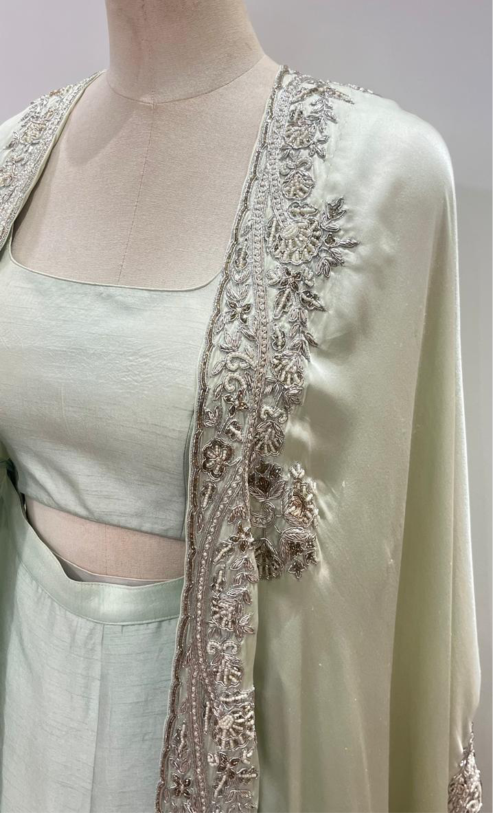 PASTEL PISTA GREEN CAPE WITH PANT AND BLOUSE