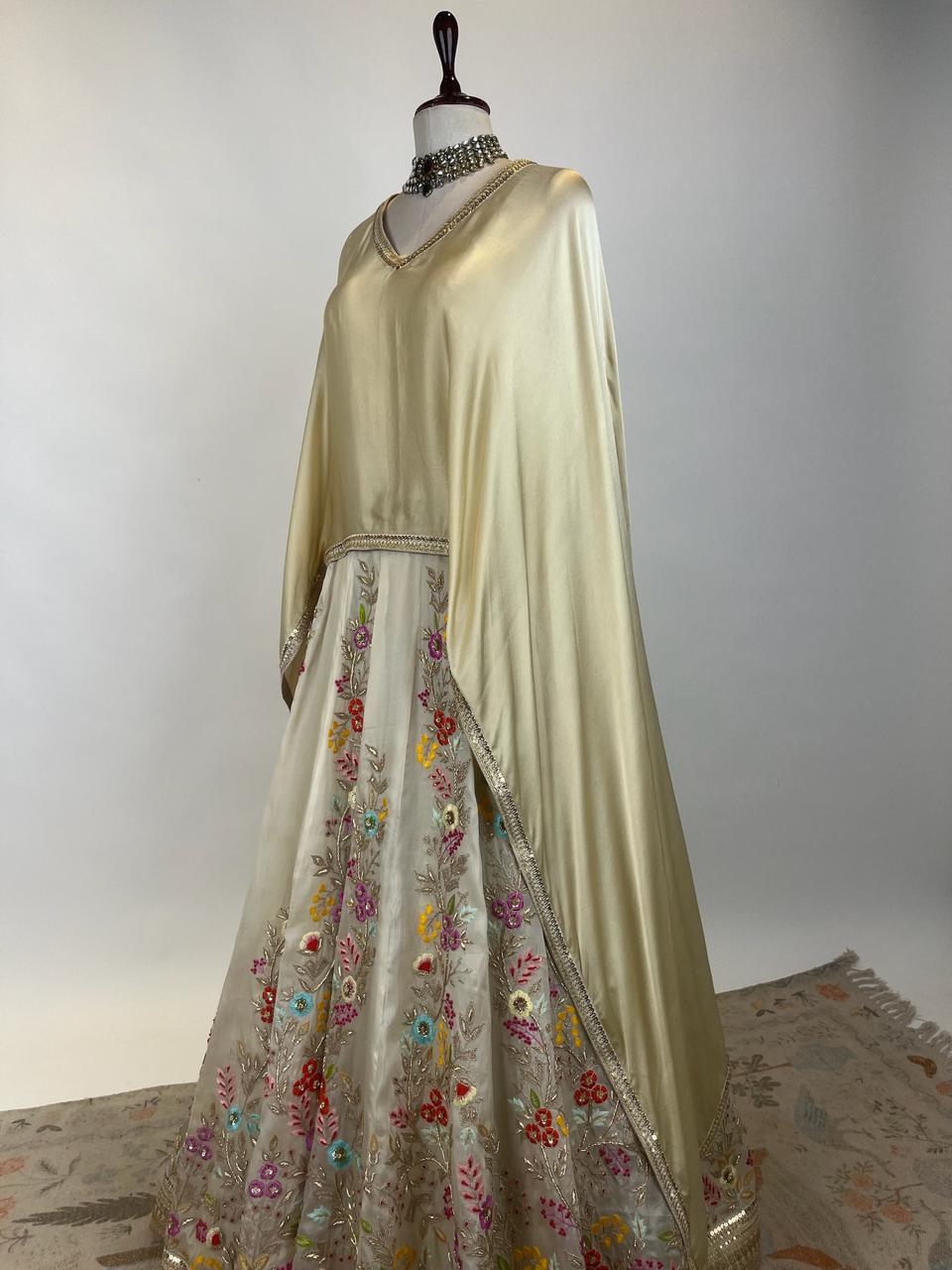 BEIGE CAPE TOP WITH FLORAL RESHAM-MARODI EMBROIDERED LEHENGA