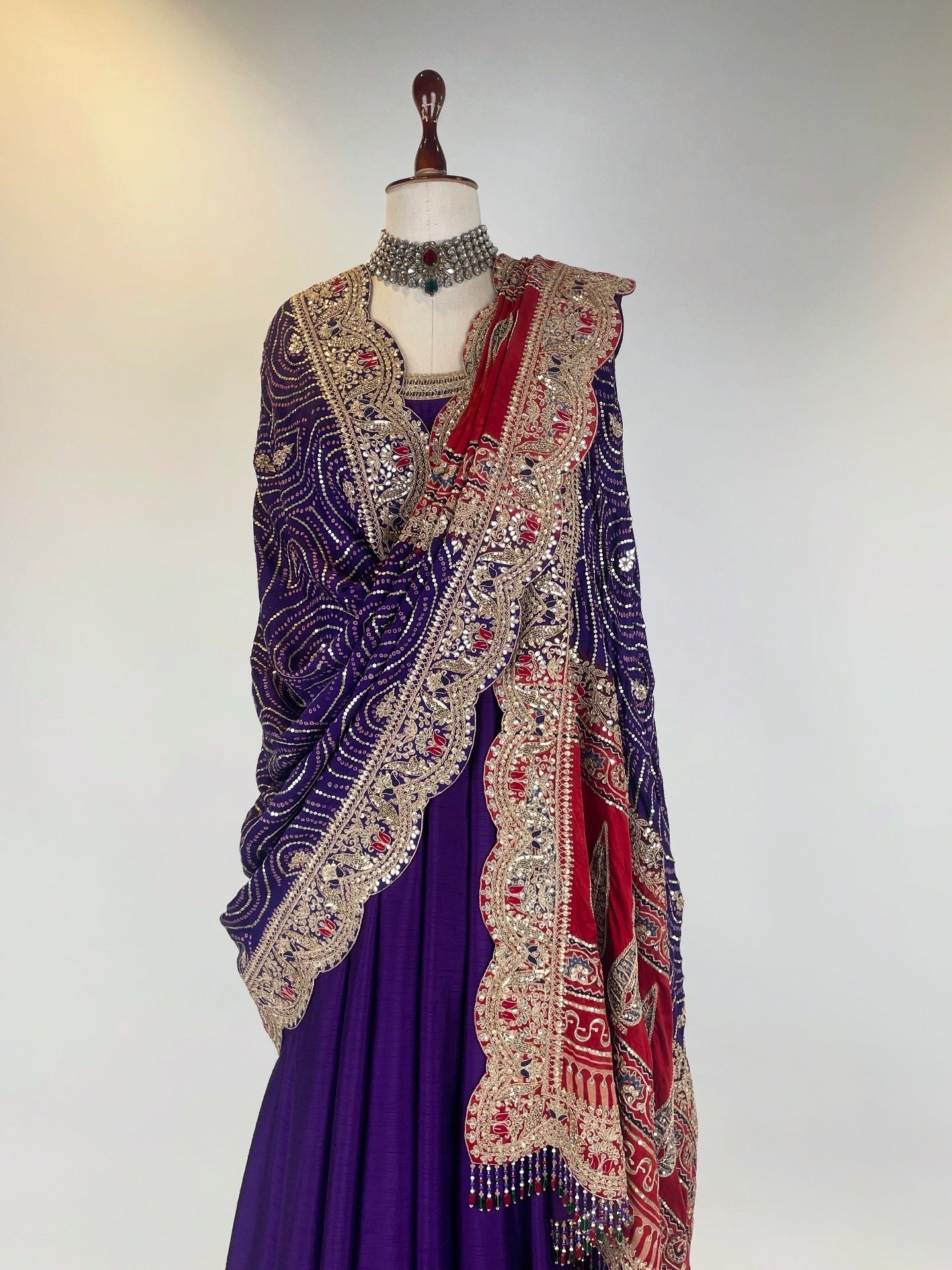 PURPLE ANARKALI-CHUDIDAR SET BANDHANI-AJRAKH MARODI WORK DUPATTA
