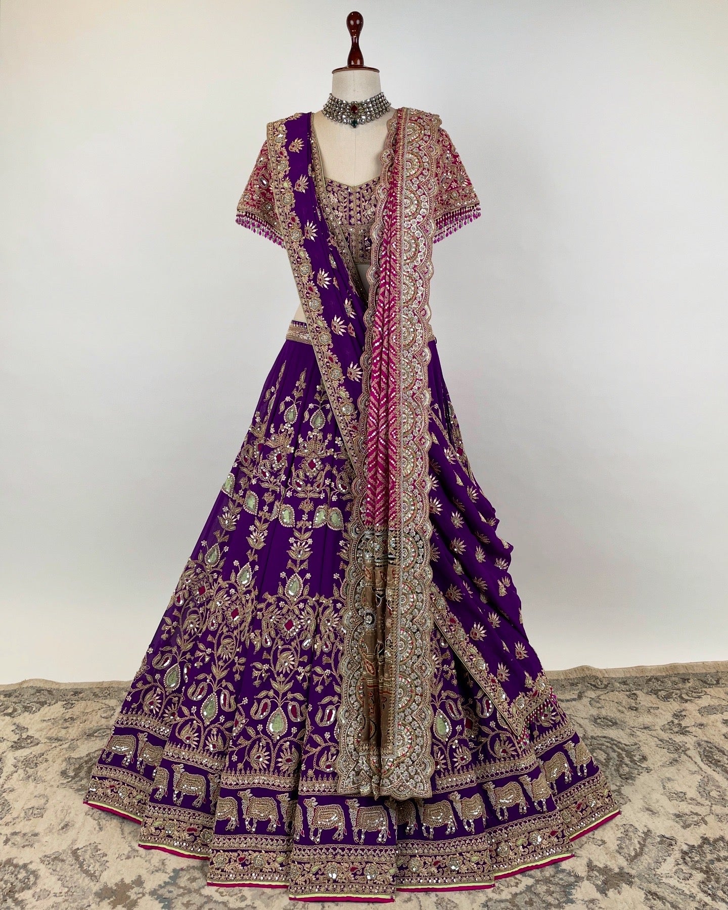 PURPLE LEHENGA WITH MARODI AND DORI WORK PAIRED WITH DOUBLE DUPATTAS