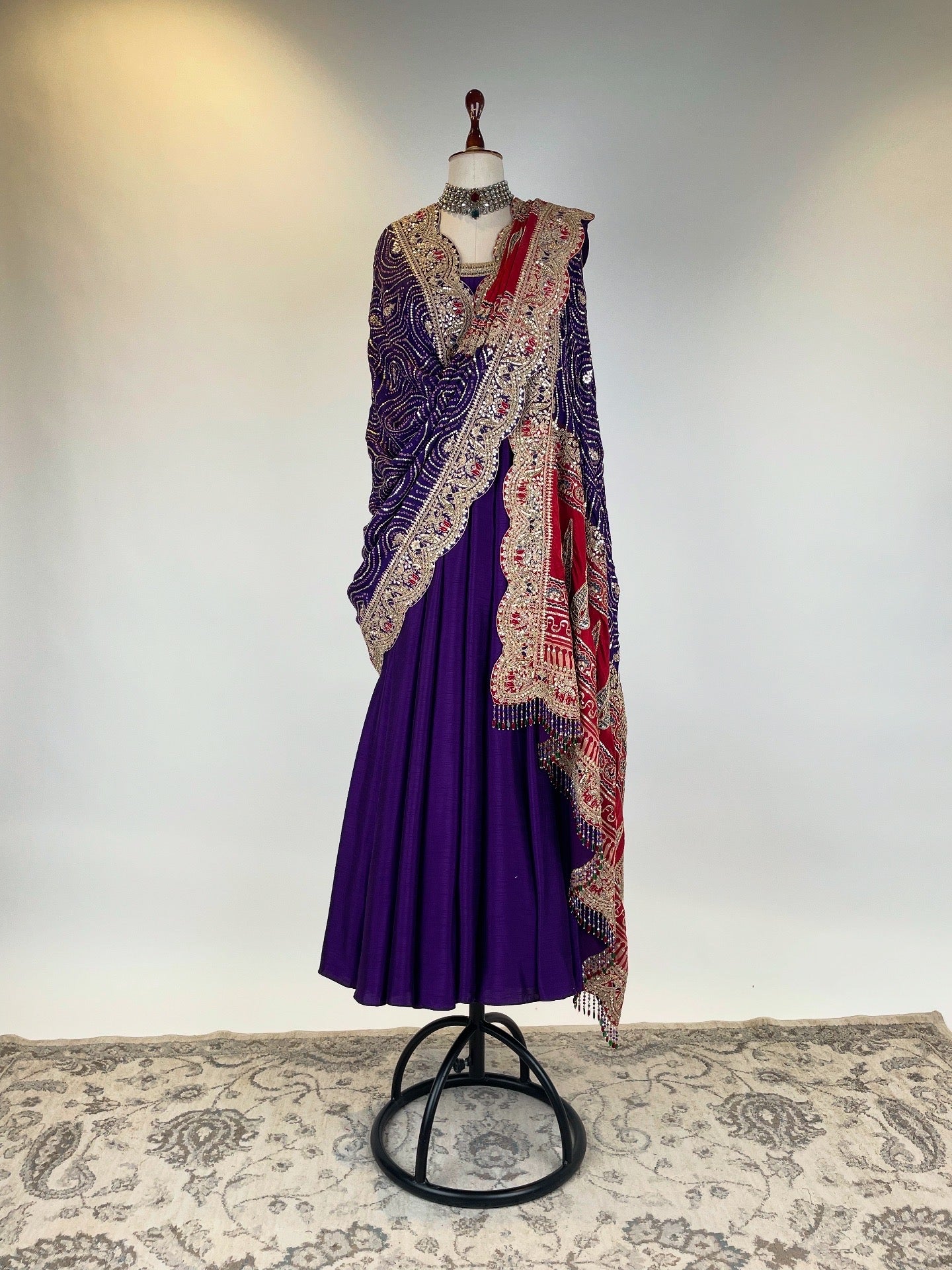 PURPLE ANARKALI-CHUDIDAR SET BANDHANI-AJRAKH MARODI WORK DUPATTA