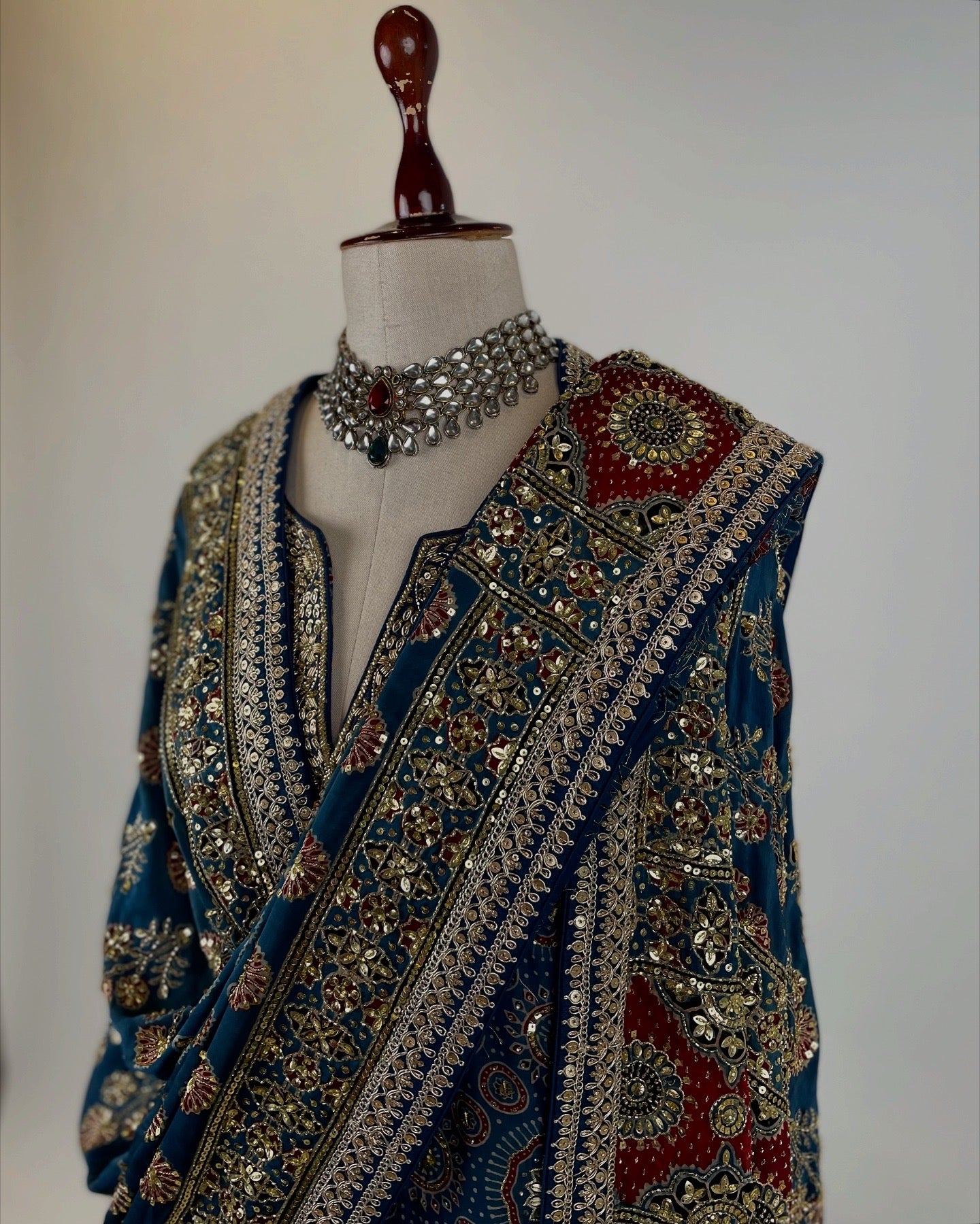 BLUE AJRAKH SHARARA ENSEMBLE IN ZARDOSI, SEQUIN & ZARI WORK