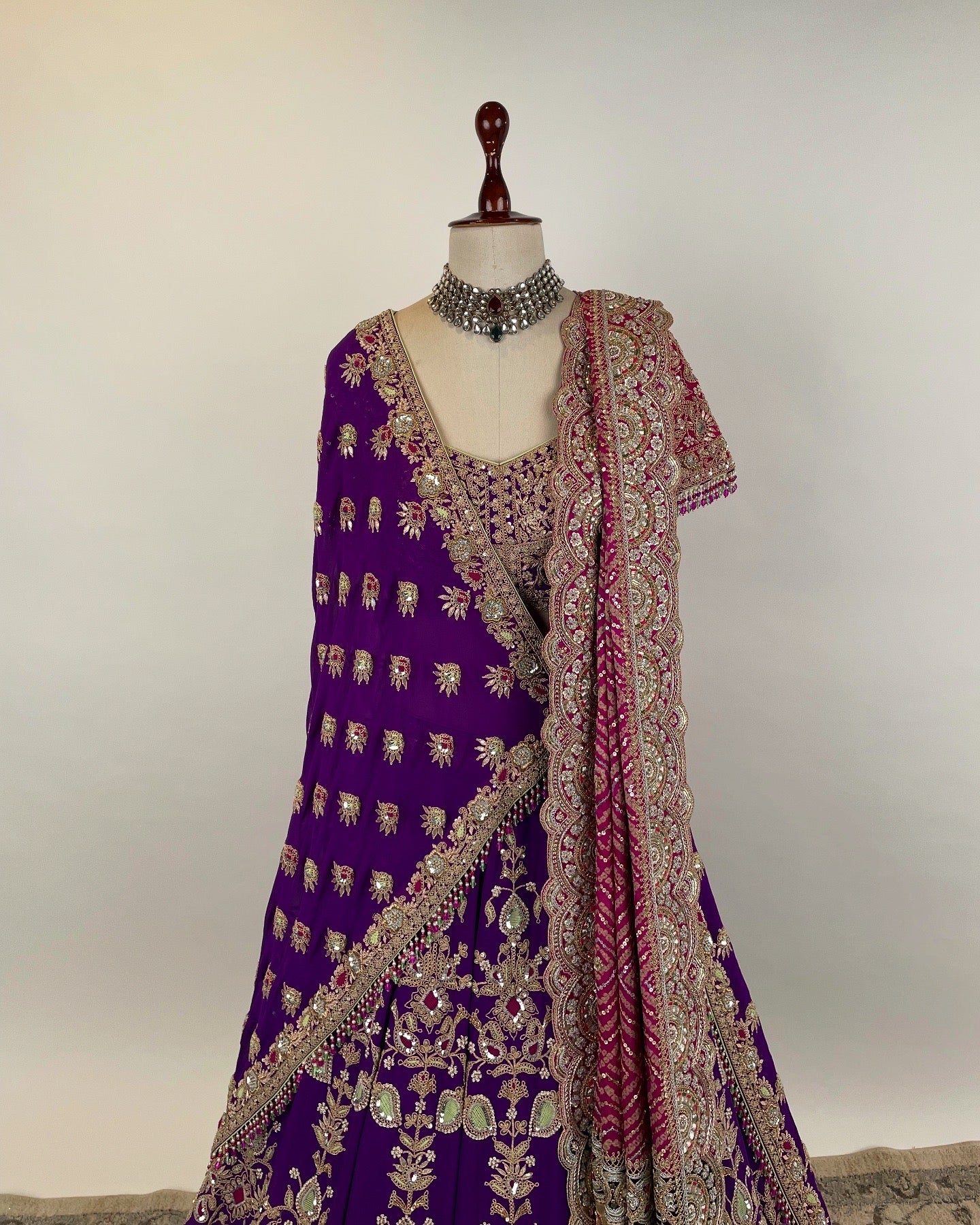 PURPLE LEHENGA WITH MARODI AND DORI WORK PAIRED WITH DOUBLE DUPATTAS