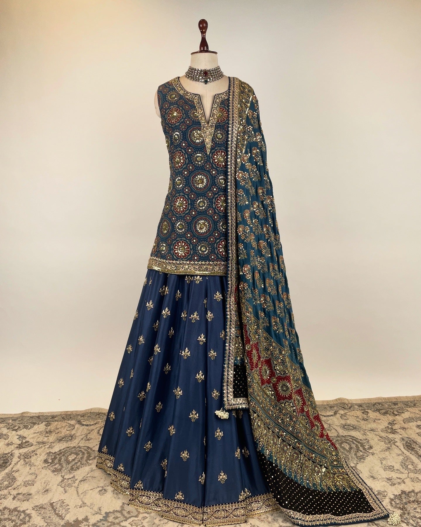 BLUE AJRAKH SHARARA ENSEMBLE IN ZARDOSI, SEQUIN & ZARI WORK