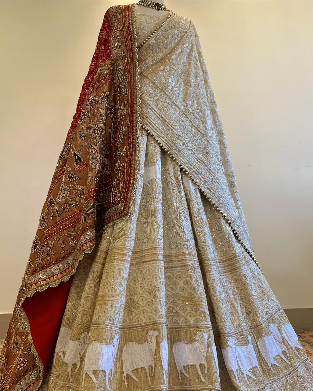 IVORY CHIKANKARI PICHWAI LEHENGA (2 Dupattas)