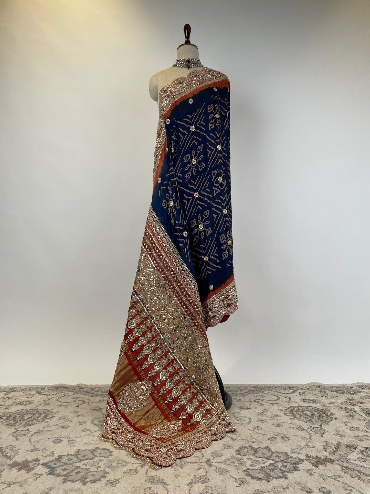 Indigo Ajrakh Bandhani Marodi Embroidered Dupatta