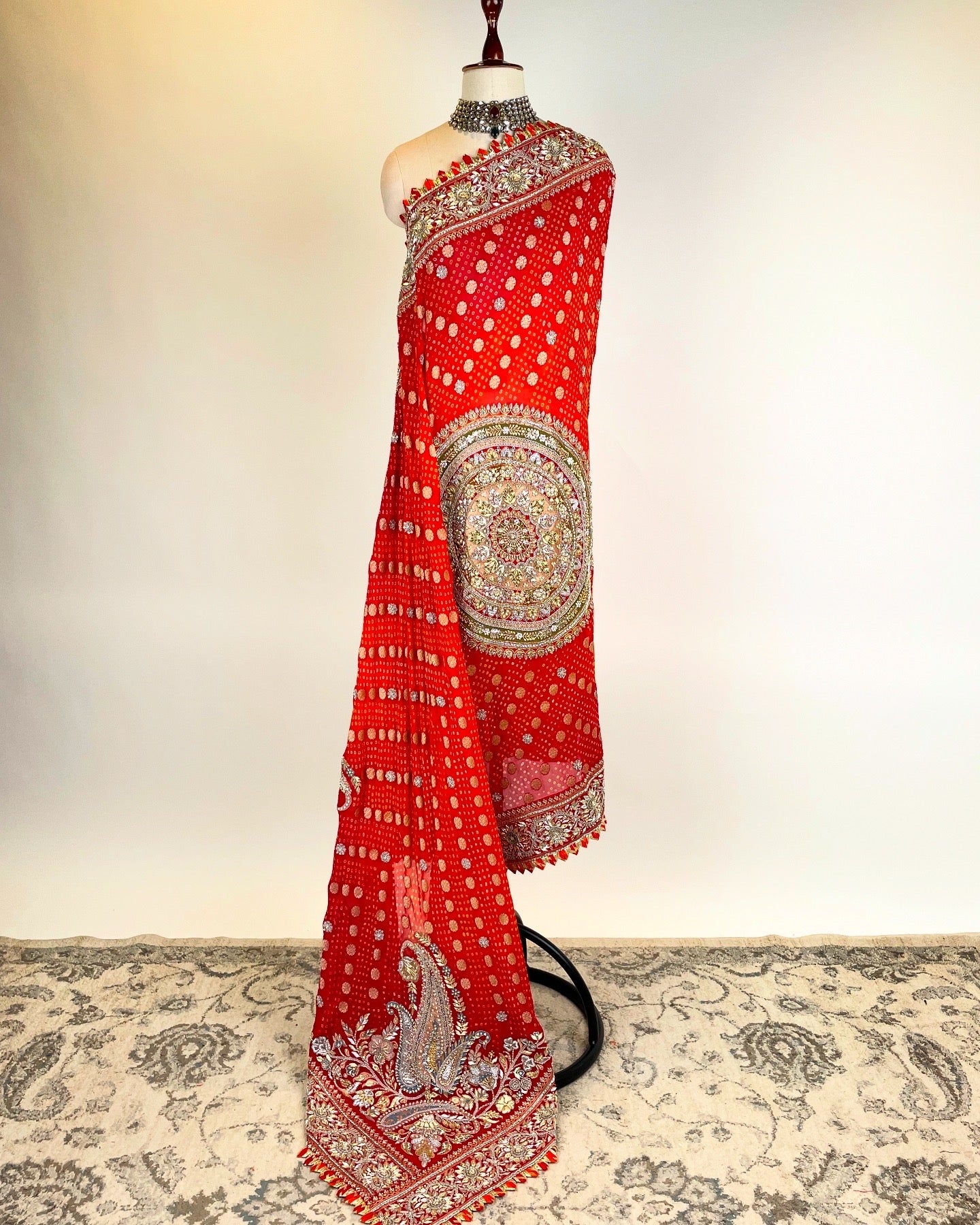 RED ZARDOZI EMBROIDERED BANDHANI ODHNA
