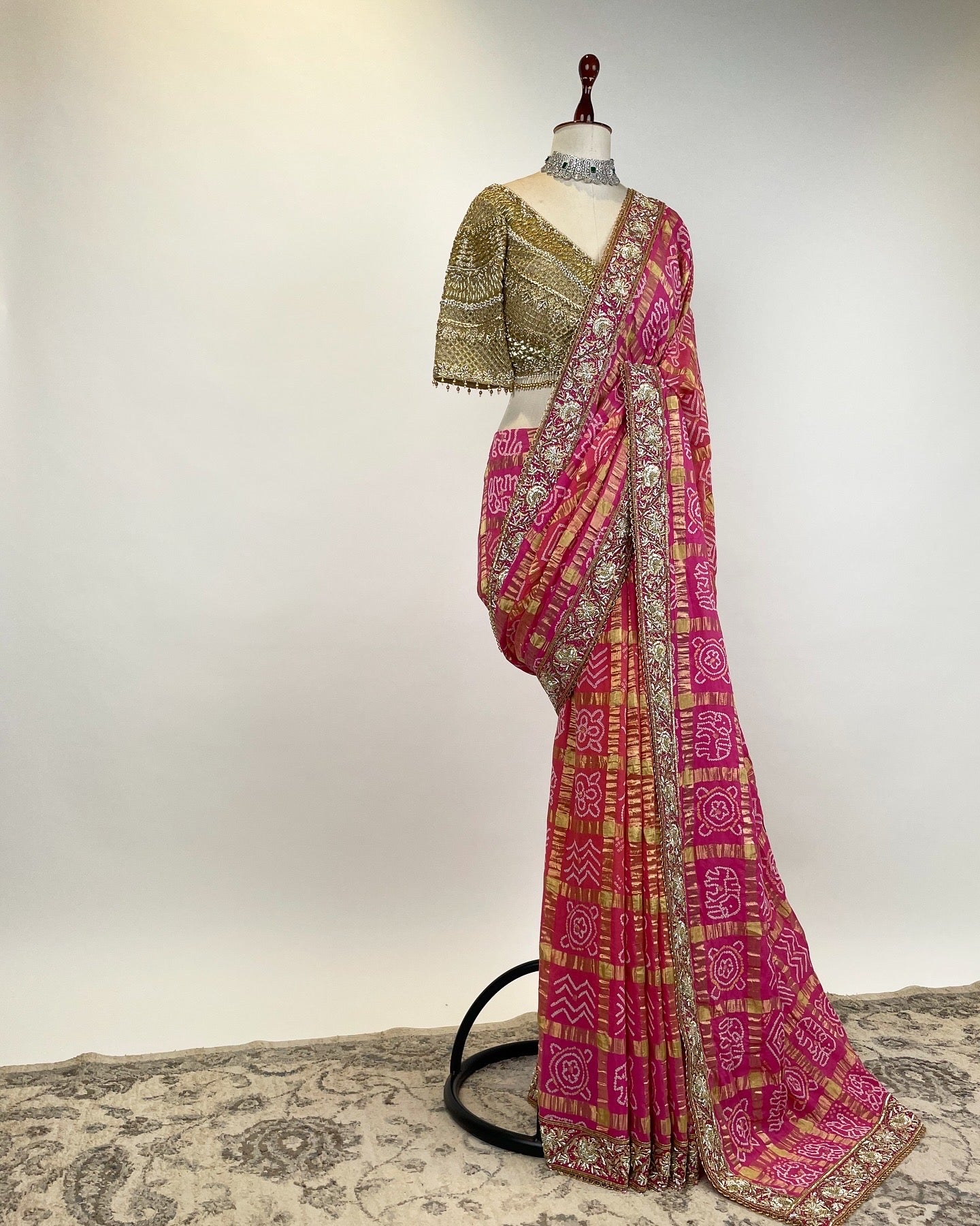 PURE GOLD ZARI FUCHSIA GHARCHOLA SAREE WITH EMBELLISHED GOLDEN BLOUSE