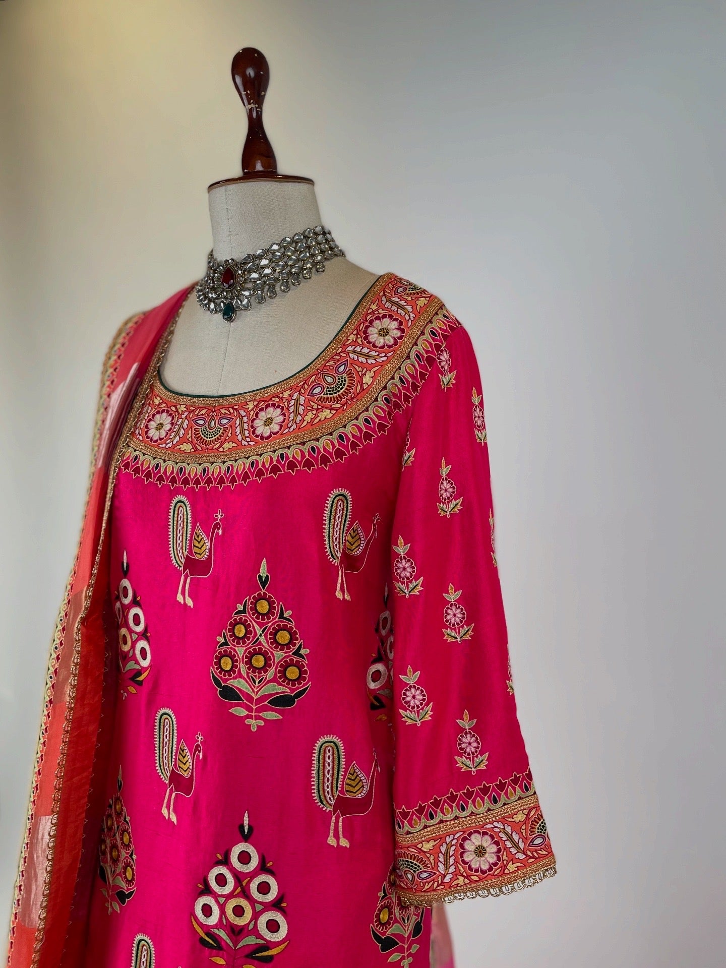 SHOCKING PINK AND ORANGE KURTA ENSEMBLE WITH EK - TAAR MOCHI WORK AND SILK CRUSHED SHARARA
