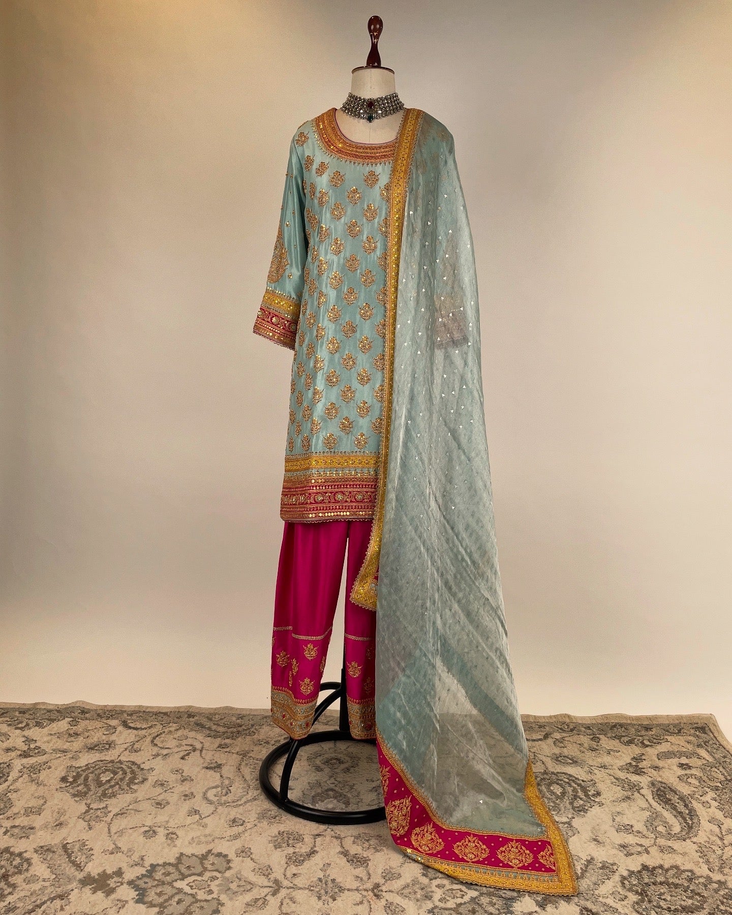 BLUE SHORT KURTA & SALWAR SET IN DO- TAAR BRASS MARODI WORK AND TISSUE DUPATTA WITH HAND WOVEN AARI SEQUIN