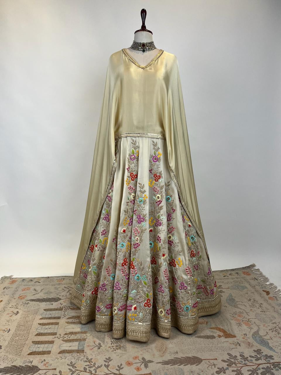 BEIGE CAPE TOP WITH FLORAL RESHAM-MARODI EMBROIDERED LEHENGA