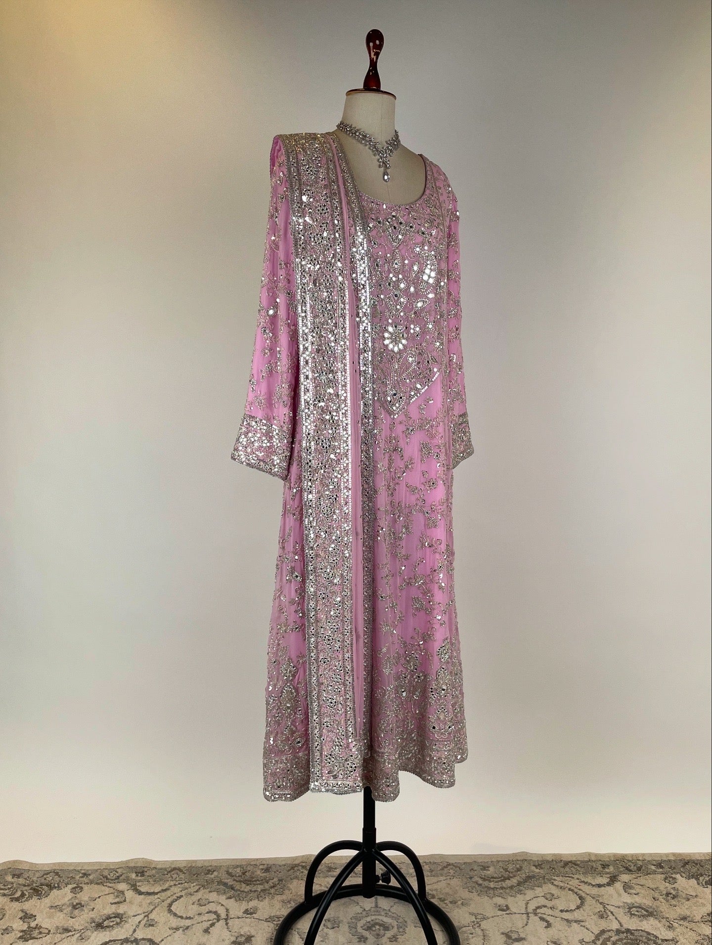 ROSE PINK FINE AABLA AND ZARDOSI EMBROIDERED A-LINE LONG KURTA ENSEMBLE