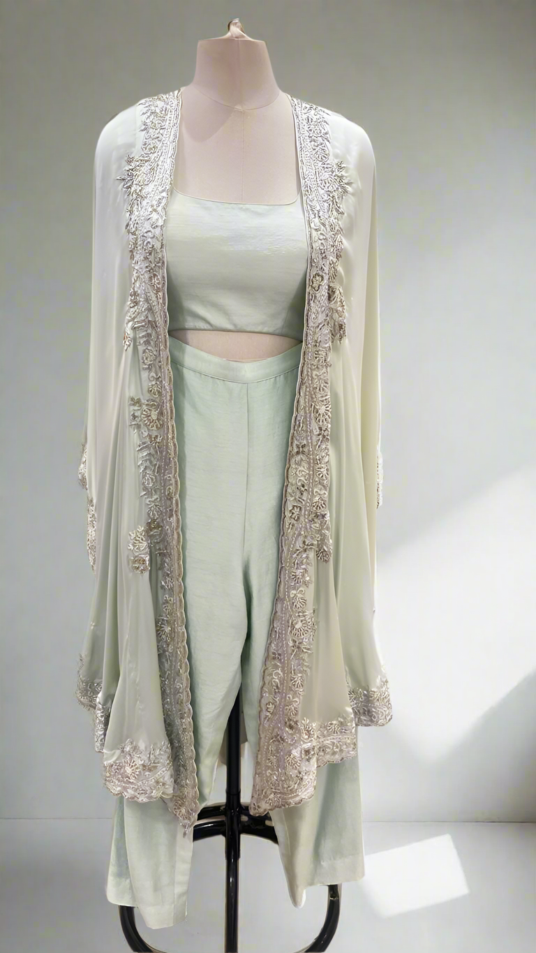 PASTEL PISTA GREEN CAPE WITH PANT AND BLOUSE