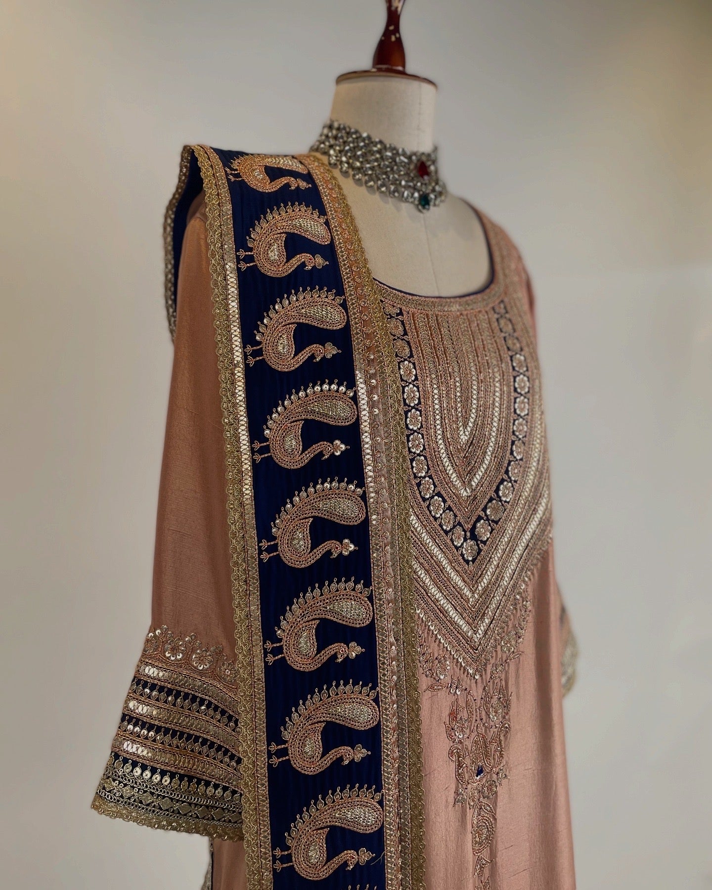 DEEP PEACH AND NAVY KURTA SET EMBELLISHED WITH BRASS MARODI EMBROIDERY