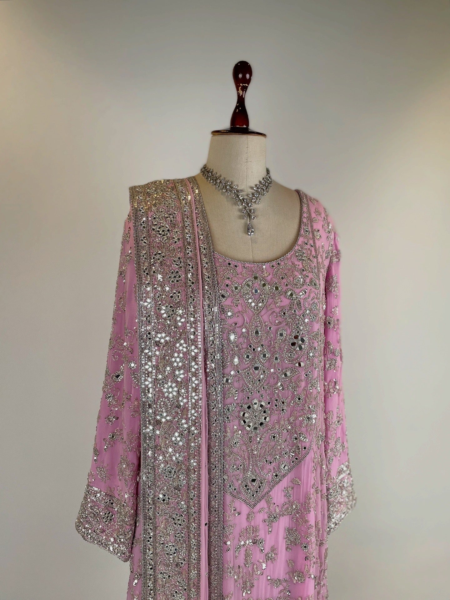 ROSE PINK FINE AABLA AND ZARDOSI EMBROIDERED A-LINE LONG KURTA ENSEMBLE
