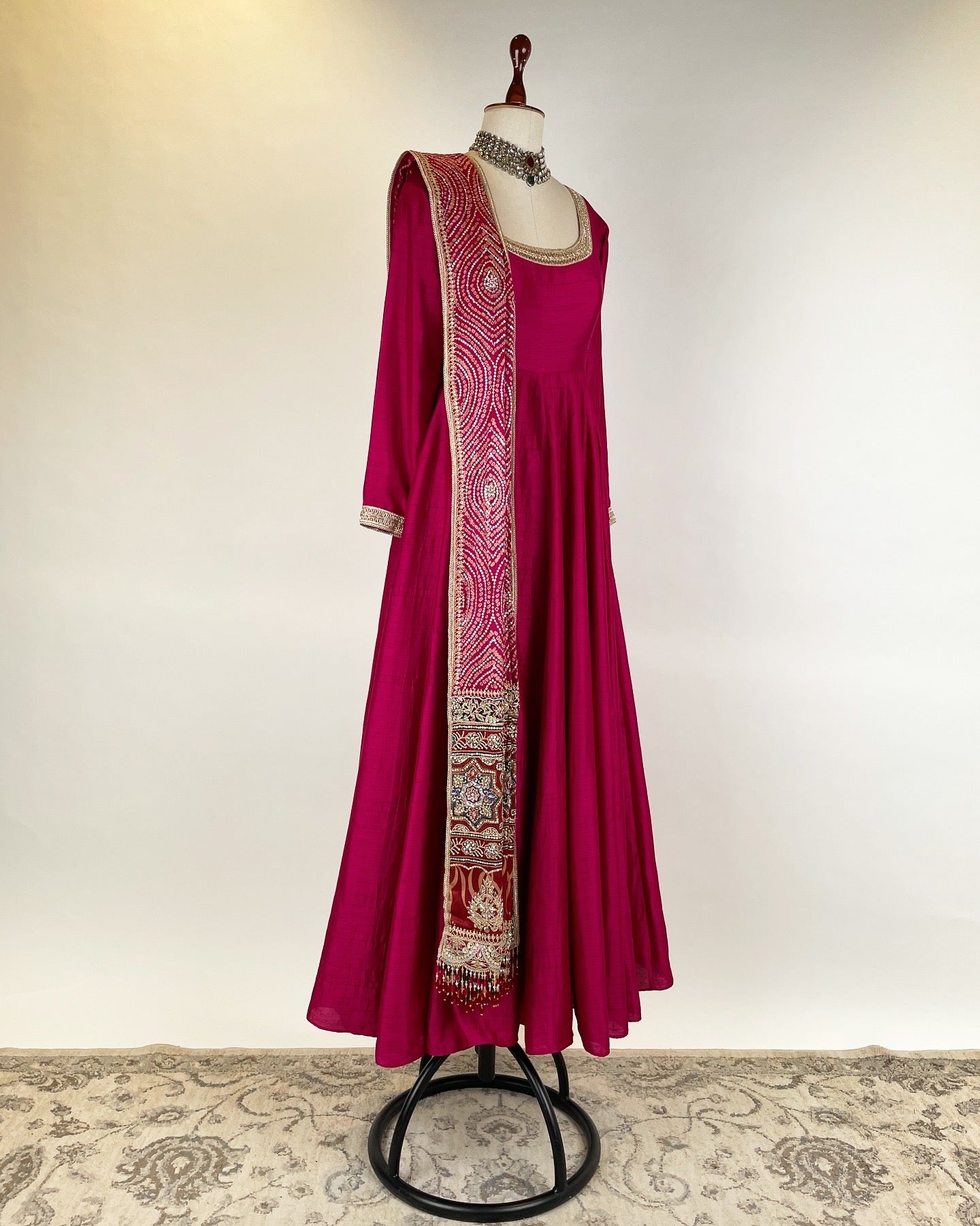 PINK ANARKALI WITH BANDHANI-AJRAKH EMBROIDERED DUPATTA