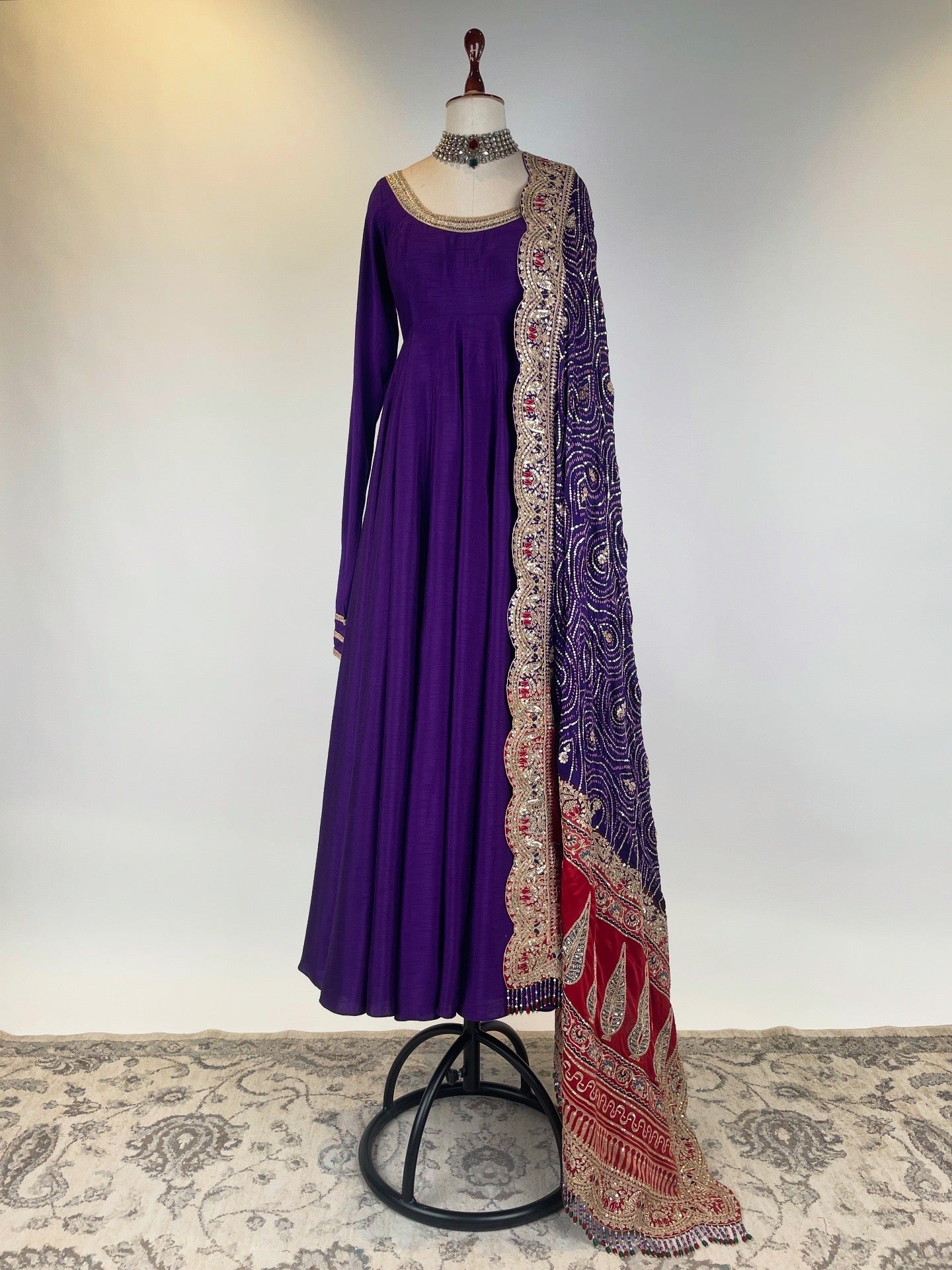PURPLE ANARKALI-CHUDIDAR SET BANDHANI-AJRAKH MARODI WORK DUPATTA