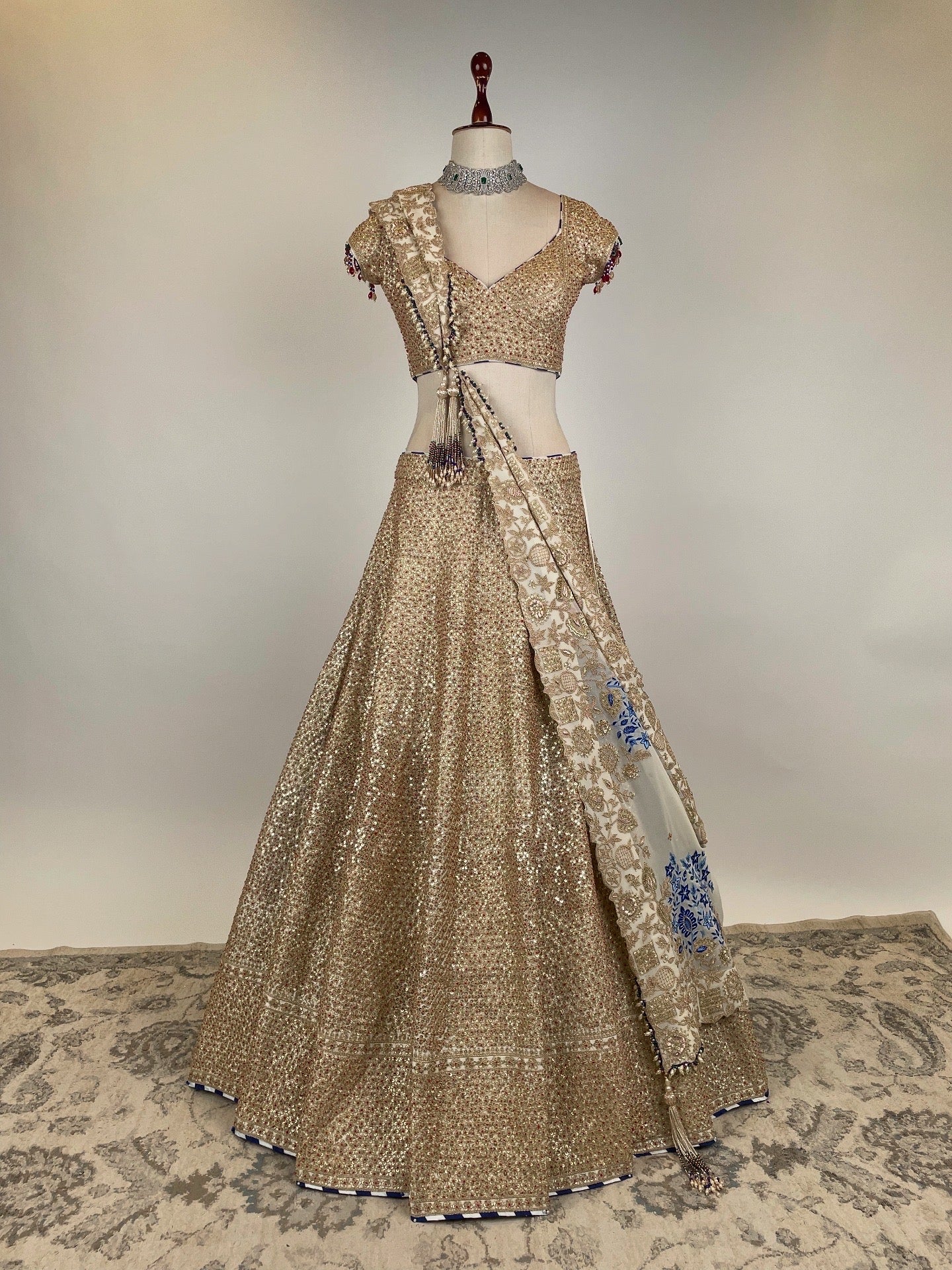 WHITE GOLD MARODI WORK LEHENGA WITH EKTAR RESHAM WORK EMBROIDERED DUPATTA