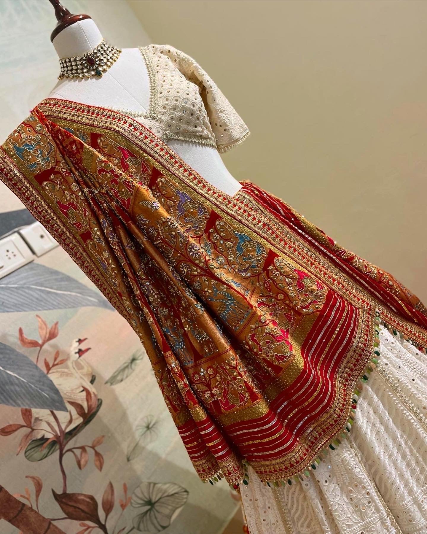 OFF WHITE PANETAR CHIKANKARI ZARDOSI KASAB & BANDHEJ LEHENGA