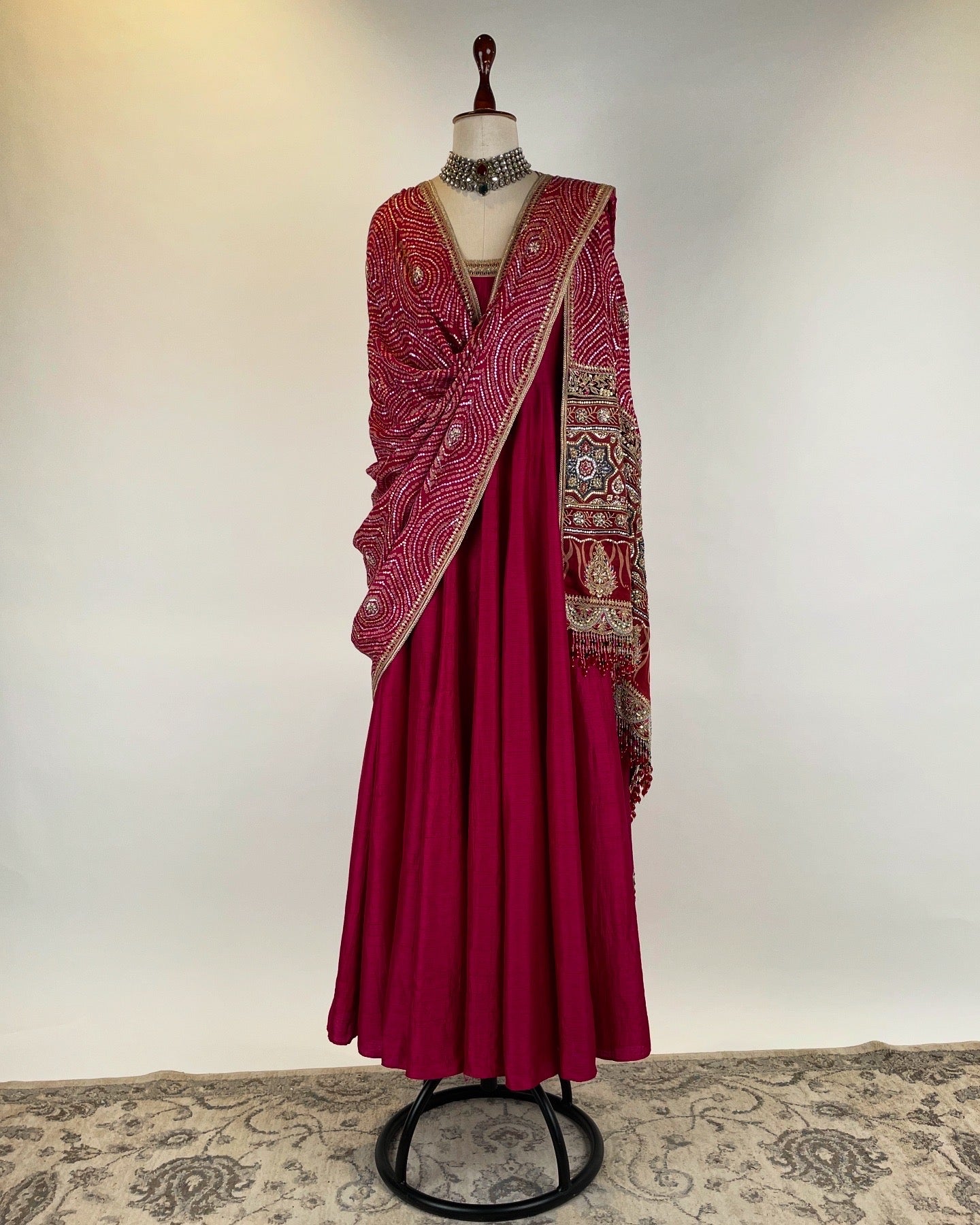 PINK ANARKALI WITH BANDHANI-AJRAKH EMBROIDERED DUPATTA