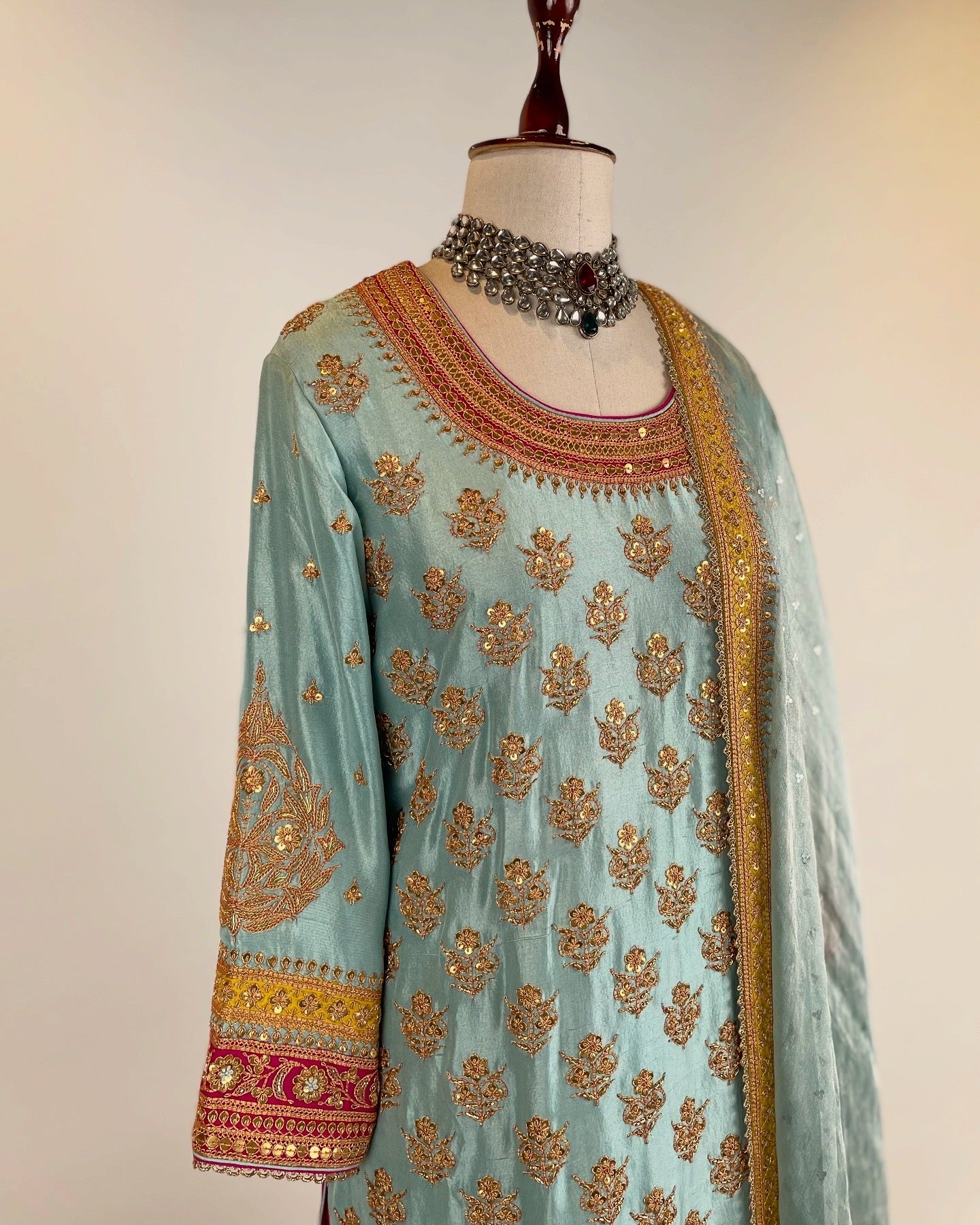 BLUE SHORT KURTA & SALWAR SET IN DO- TAAR BRASS MARODI WORK AND TISSUE DUPATTA WITH HAND WOVEN AARI SEQUIN