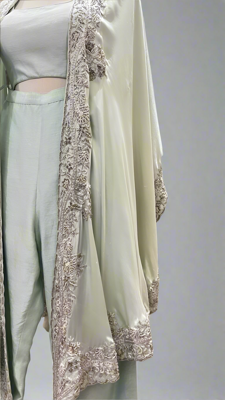 PASTEL PISTA GREEN CAPE WITH PANT AND BLOUSE