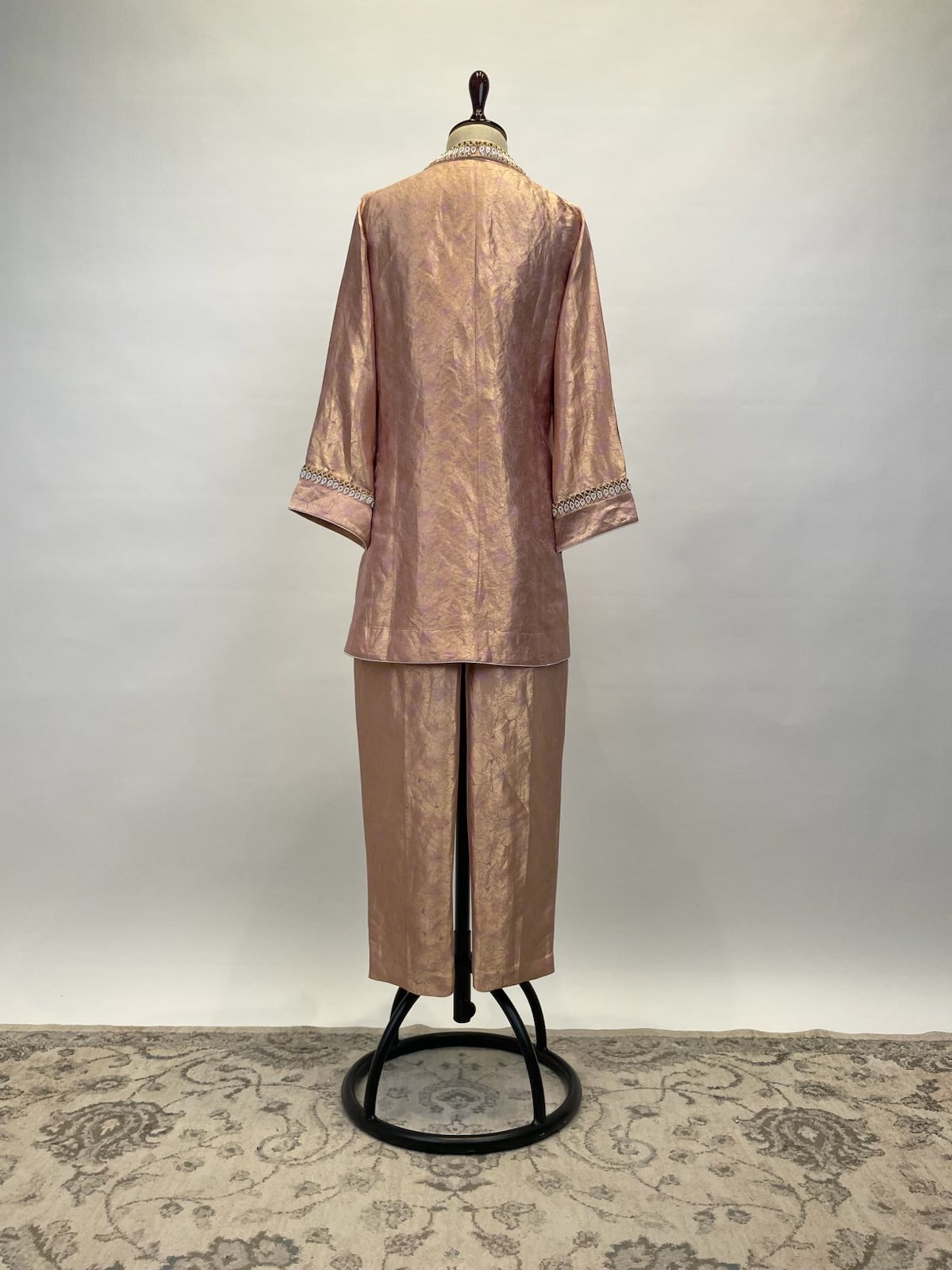 Rose Gold Banarasi Brocade Kurta Set With Handcrafted Crystal Embellishment