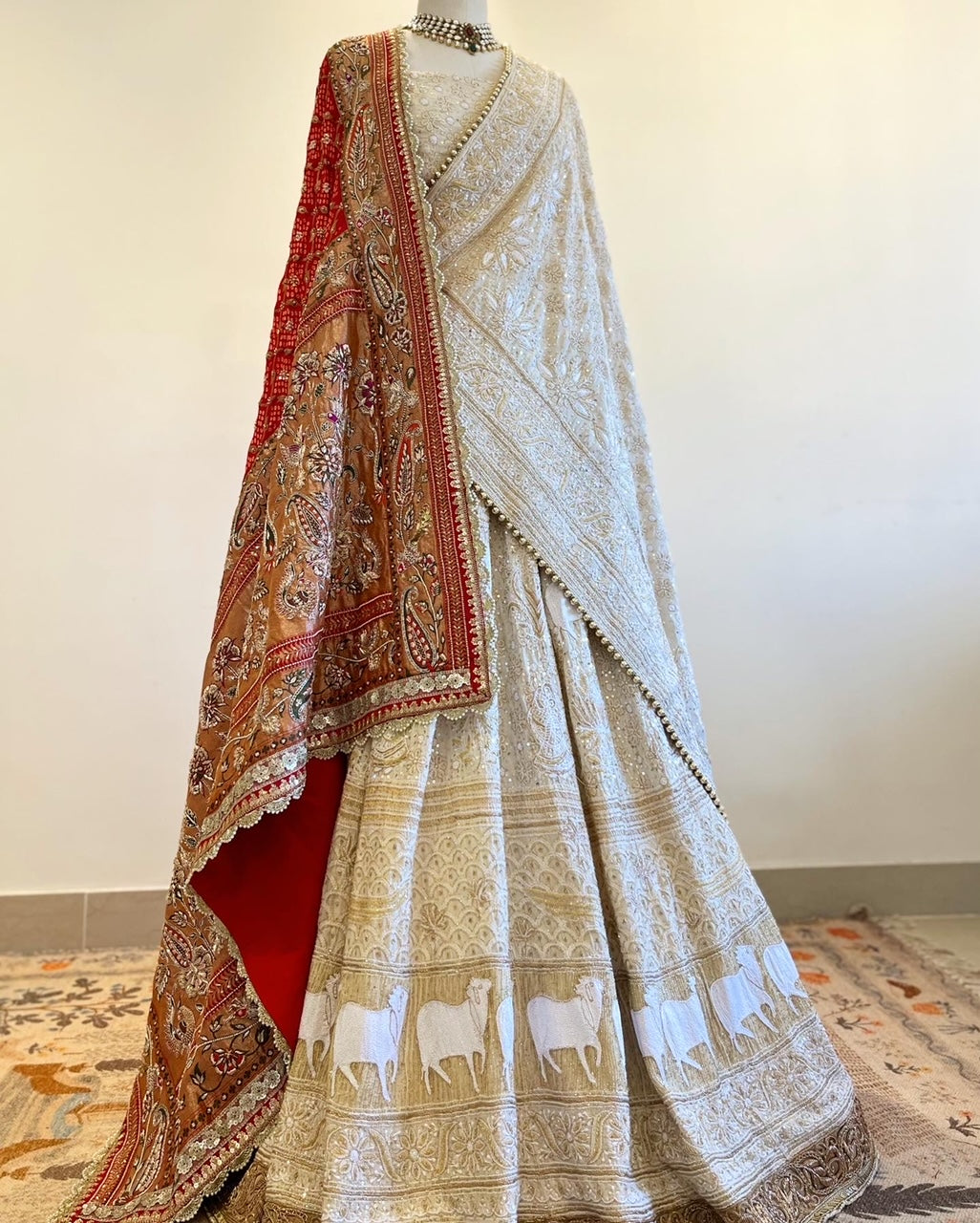 IVORY CHIKANKARI PICHWAI LEHENGA (2 Dupattas)