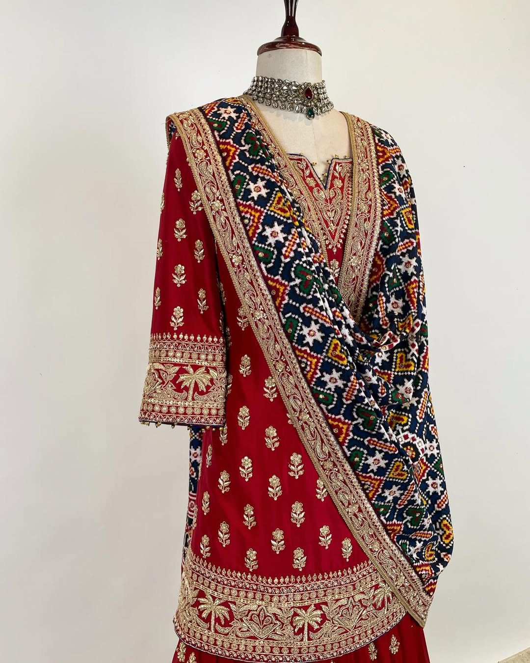 A ZARDOSI AND MARODI EMBROIDERED SHARARA SET WITH A DOUBLE IKAT PATAN PATOLA DUPATTA