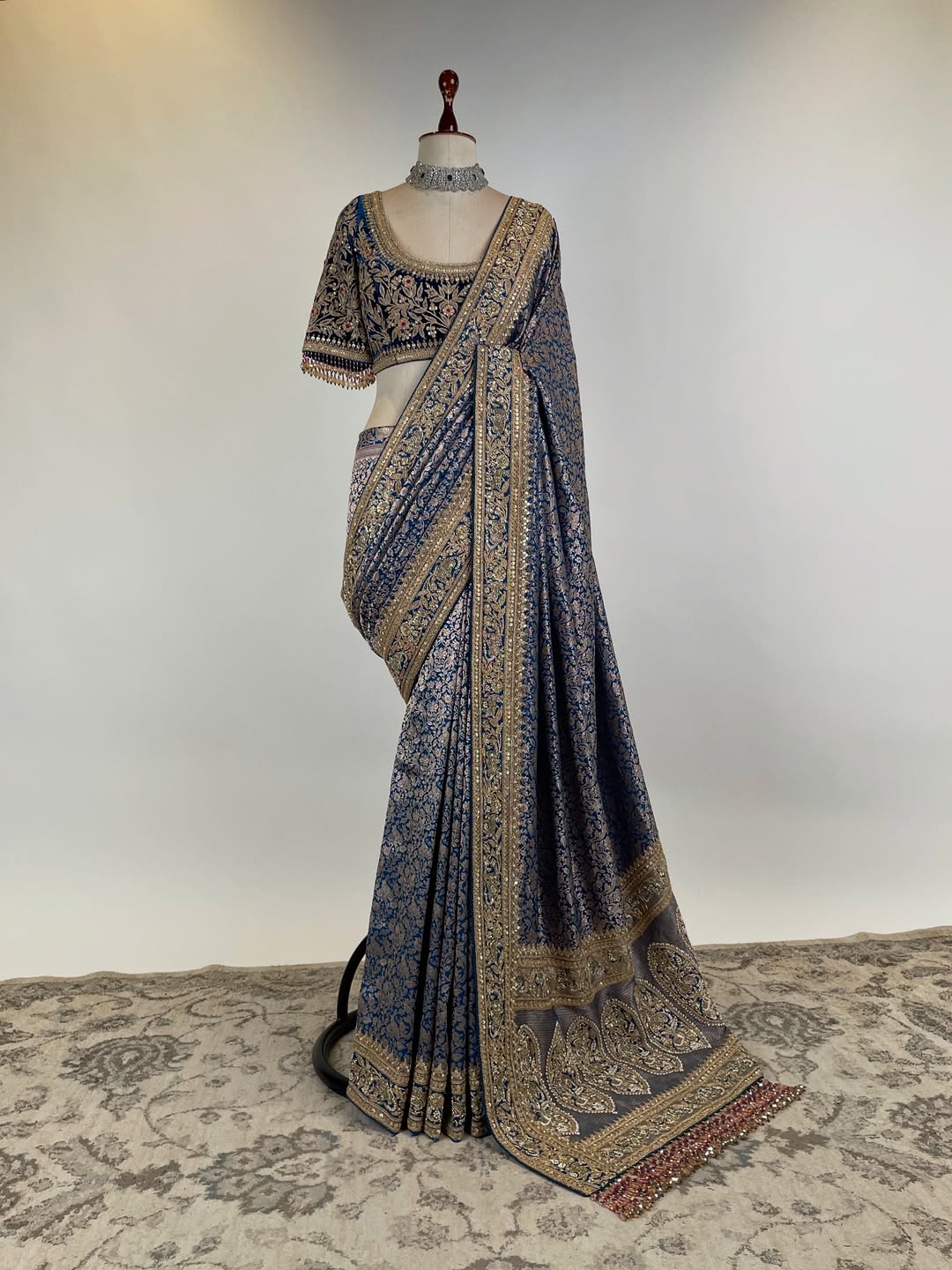 SHIKARGAH BROCADE SAREE FEATURING ZARDOSI AND MARODI BORDER SIGNATURE PALLA PAIRED WITH VELVET MARODI JAAL WORK BLOUSE