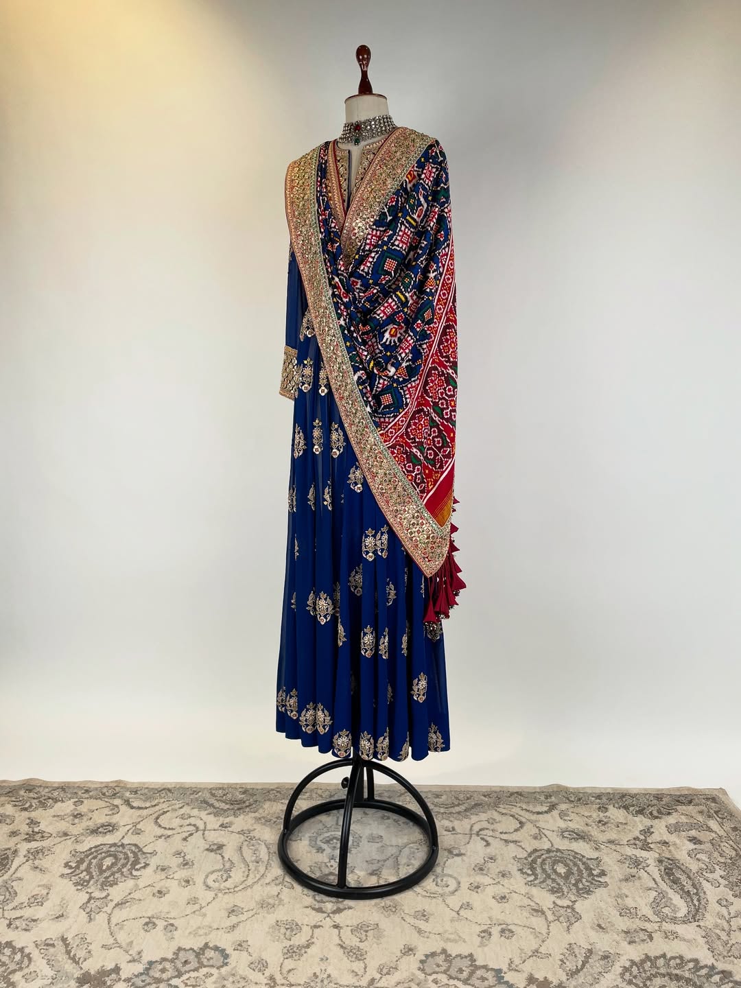GEORGETTE ANARKALI AND CHURIDAR SET WITH DOUBLE IKAT PATAN PATOLA DUPATTA WITH RESHAM AND MARODI EMBROIDERY